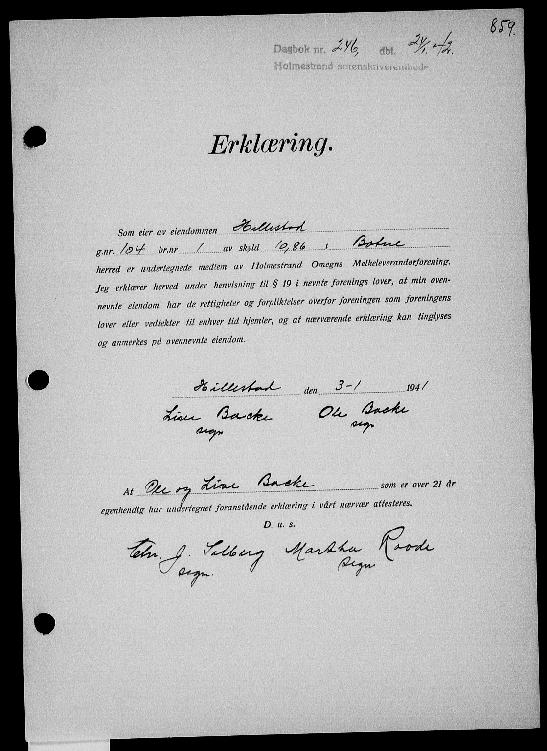 Holmestrand sorenskriveri, SAKO/A-67/G/Ga/Gaa/L0054: Pantebok nr. A-54, 1941-1942, Dagboknr: 246/1942