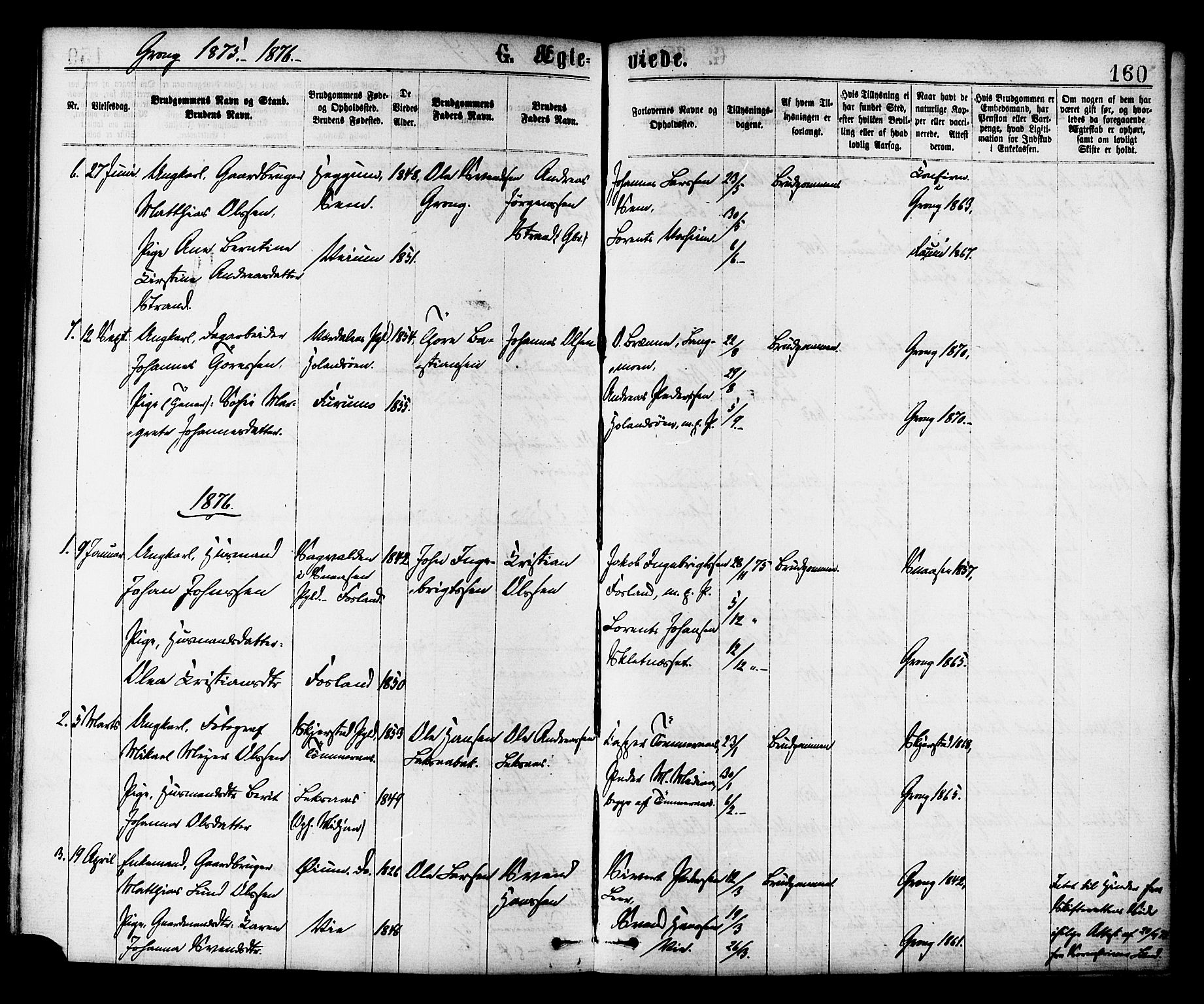 Ministerialprotokoller, klokkerbøker og fødselsregistre - Nord-Trøndelag, SAT/A-1458/758/L0516: Ministerialbok nr. 758A03 /1, 1869-1879, s. 160