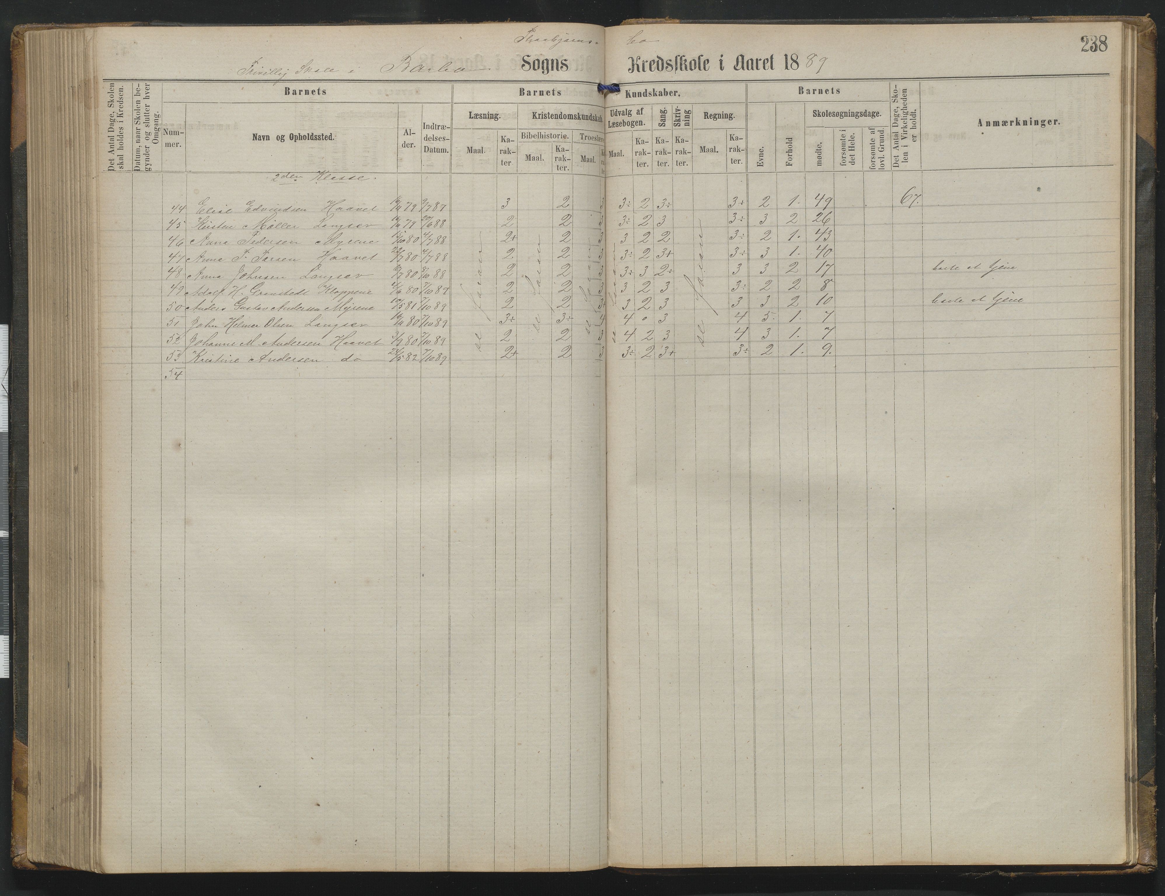 Arendal kommune, Katalog I, AAKS/KA0906-PK-I/07/L0342: Protokoll Torbjørnsbu skole, 1869-1890, s. 238
