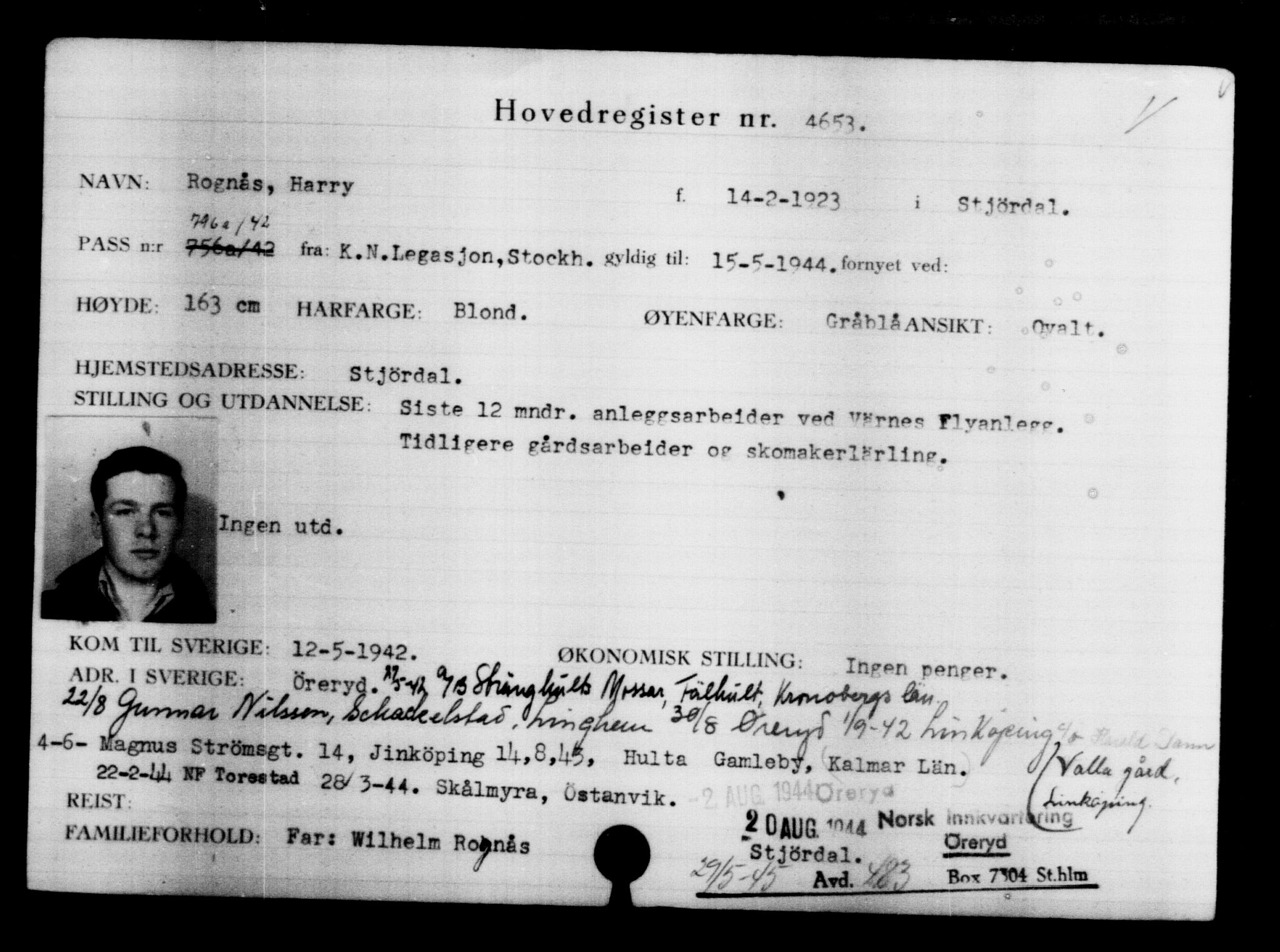 Utenriksstasjonene, Legasjonen i Stockholm, Flyktningkontoret, AV/RA-S-6753/V/Va/L0004: Kjesäterkartoteket, flyktninger med registreringsnr. 3496-6610, 1940-1945, s. 1369