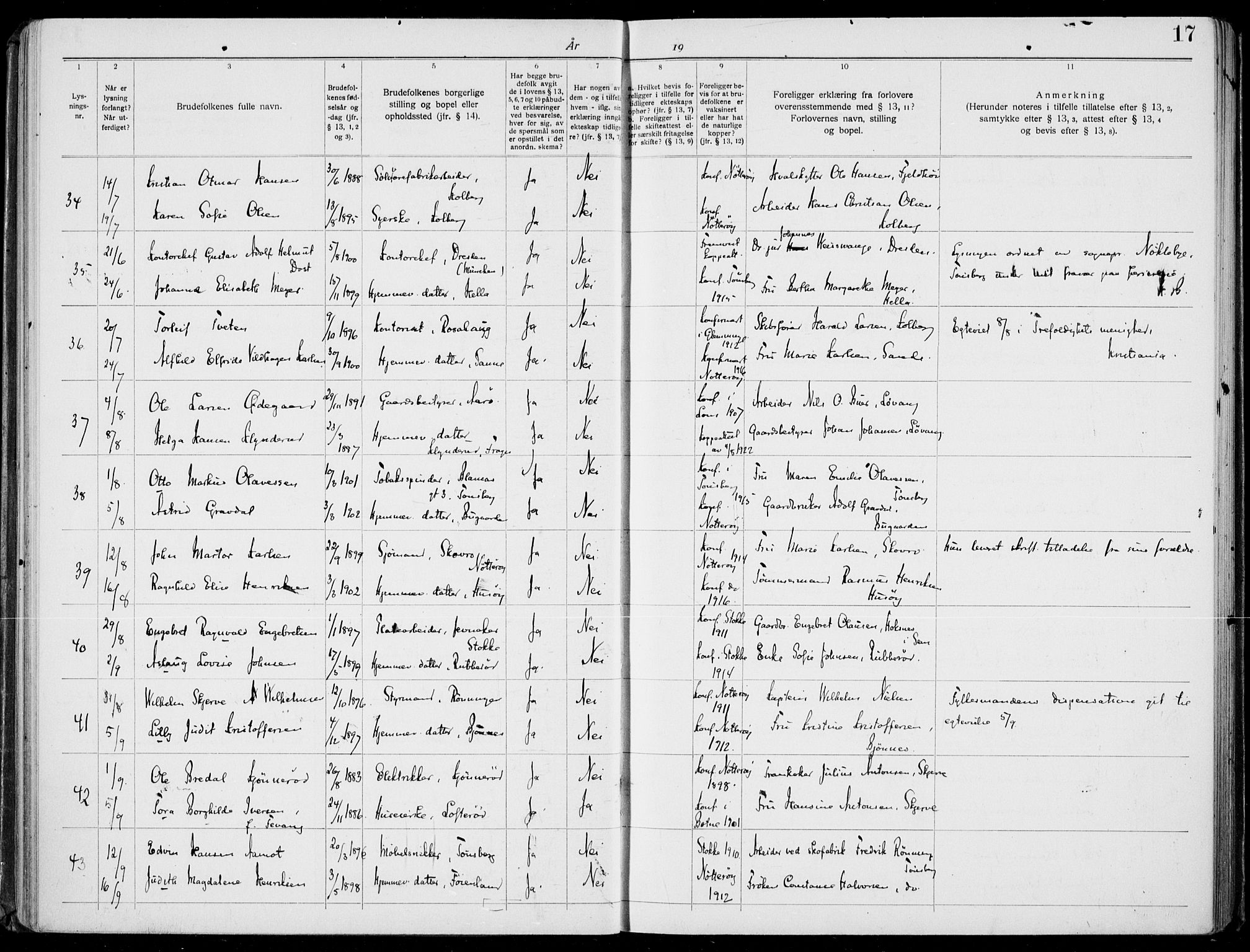 Nøtterøy kirkebøker, AV/SAKO-A-354/H/Ha/L0001: Lysningsprotokoll nr. 1, 1919-1937, s. 17