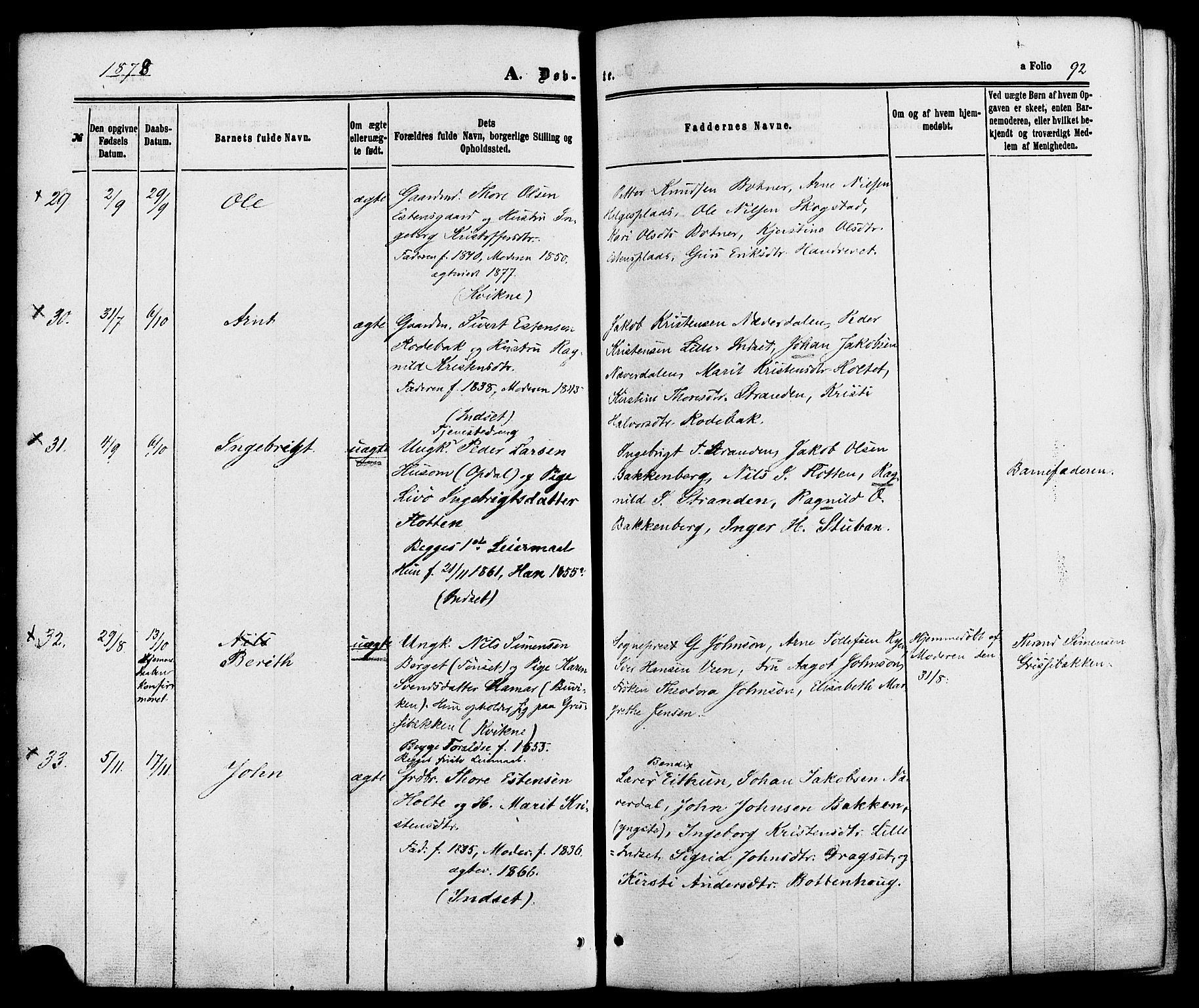 Kvikne prestekontor, AV/SAH-PREST-064/H/Ha/Haa/L0006: Ministerialbok nr. 6, 1863-1886, s. 92