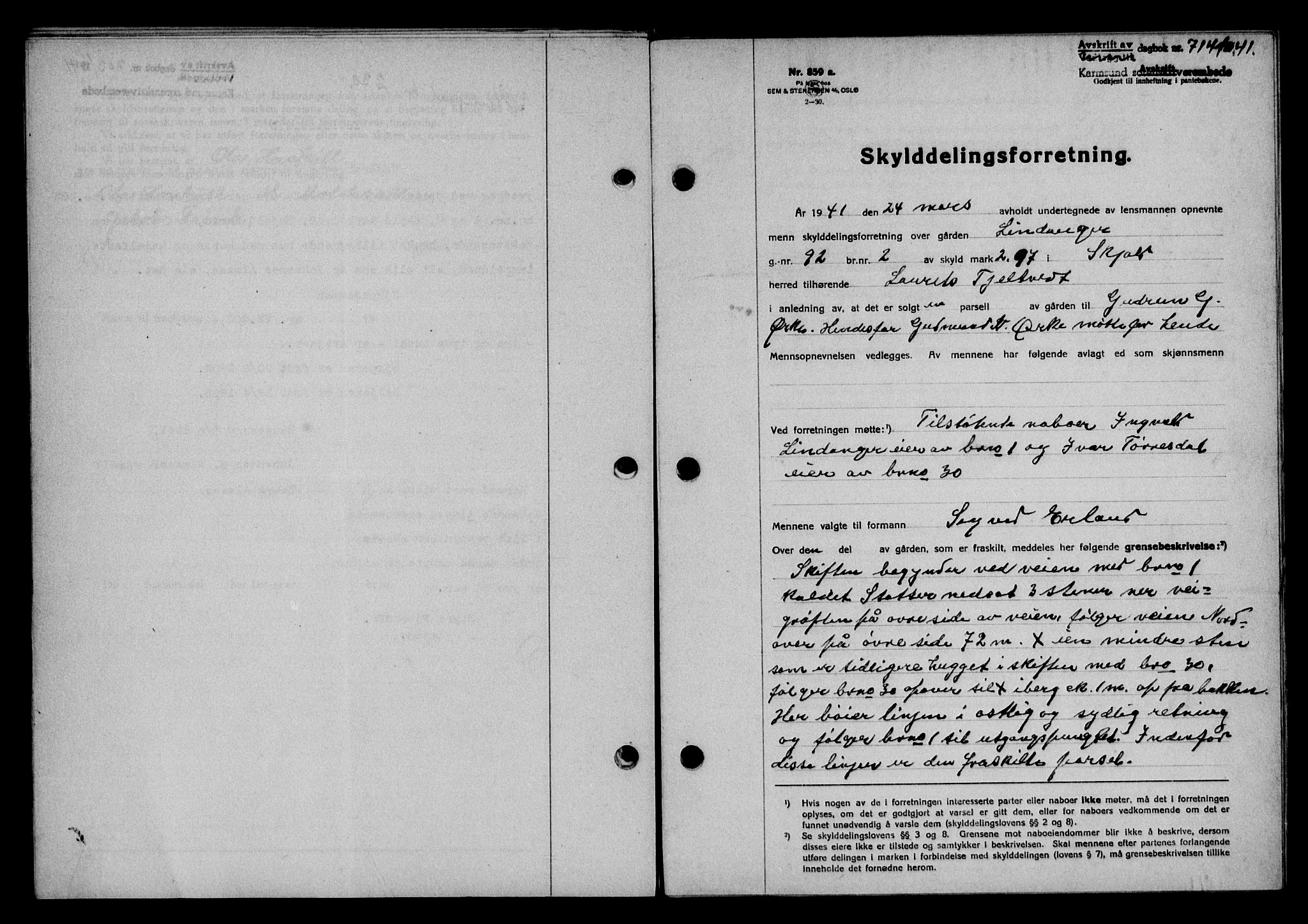 Karmsund sorenskriveri, SAST/A-100311/01/II/IIB/L0075: Pantebok nr. 56A, 1941-1941, Dagboknr: 714/1941