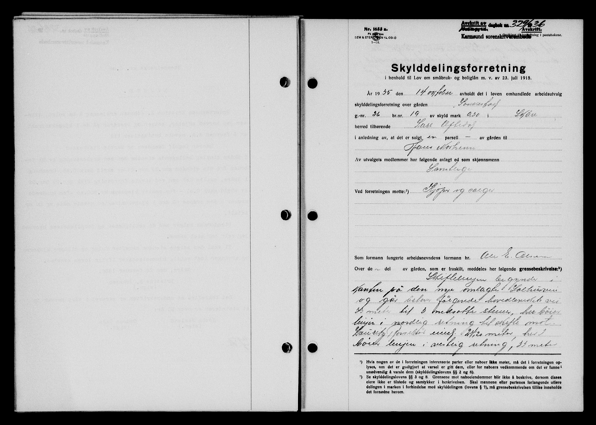 Karmsund sorenskriveri, SAST/A-100311/01/II/IIB/L0066: Pantebok nr. 47A, 1936-1936, Dagboknr: 329/1936