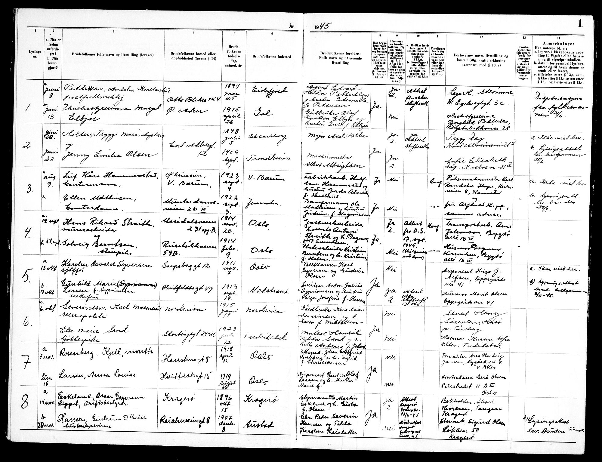 Piperviken prestekontor Kirkebøker, AV/SAO-A-10874/H/L0003: Lysningsprotokoll nr. 3, 1945-1959, s. 1