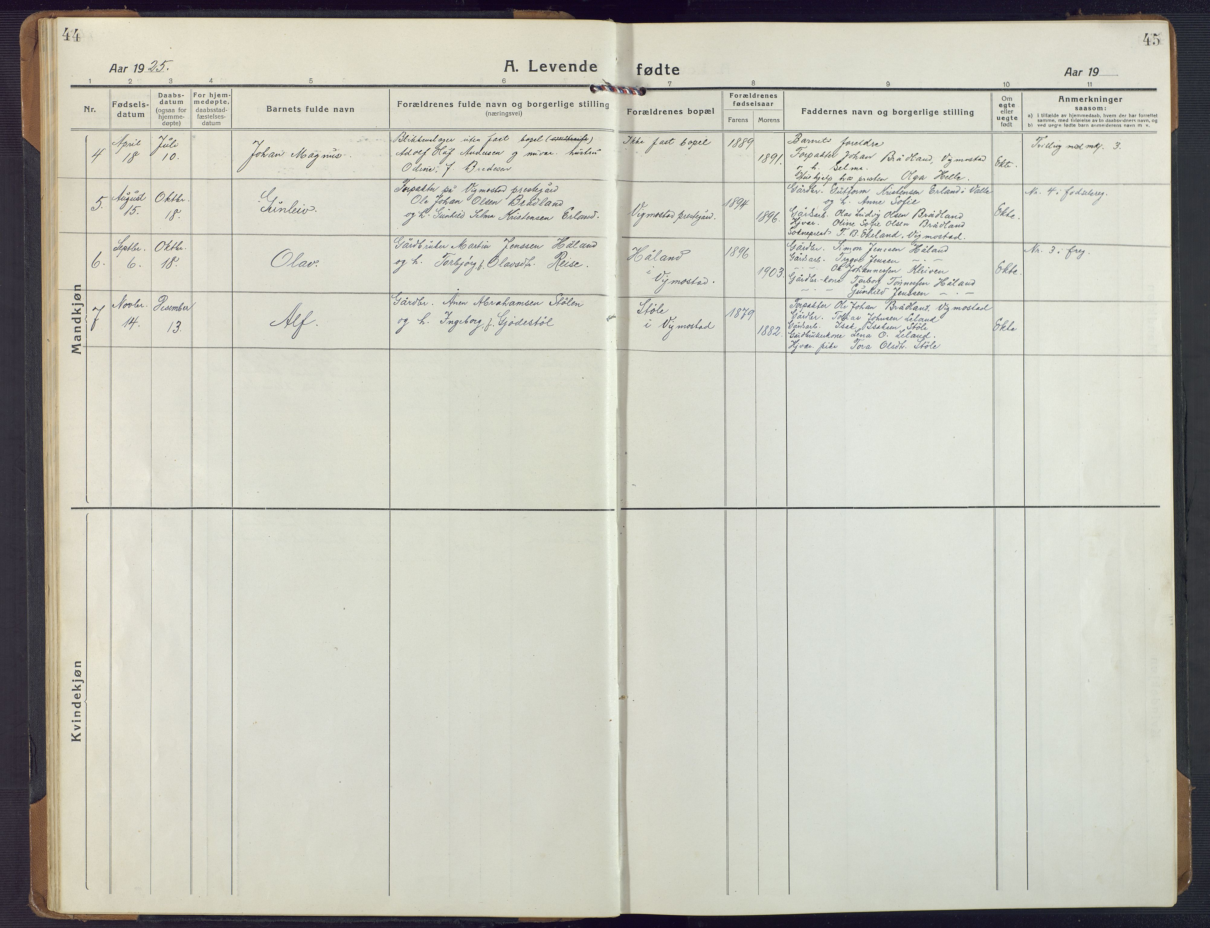 Nord-Audnedal sokneprestkontor, AV/SAK-1111-0032/F/Fa/Fab/L0005: Ministerialbok nr. A 5, 1918-1925, s. 44-45