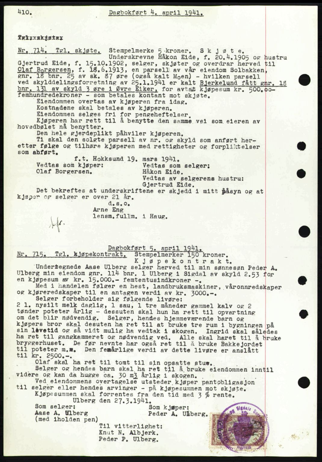 Eiker, Modum og Sigdal sorenskriveri, SAKO/A-123/G/Ga/Gab/L0043: Pantebok nr. A13, 1940-1941, Dagboknr: 714/1941