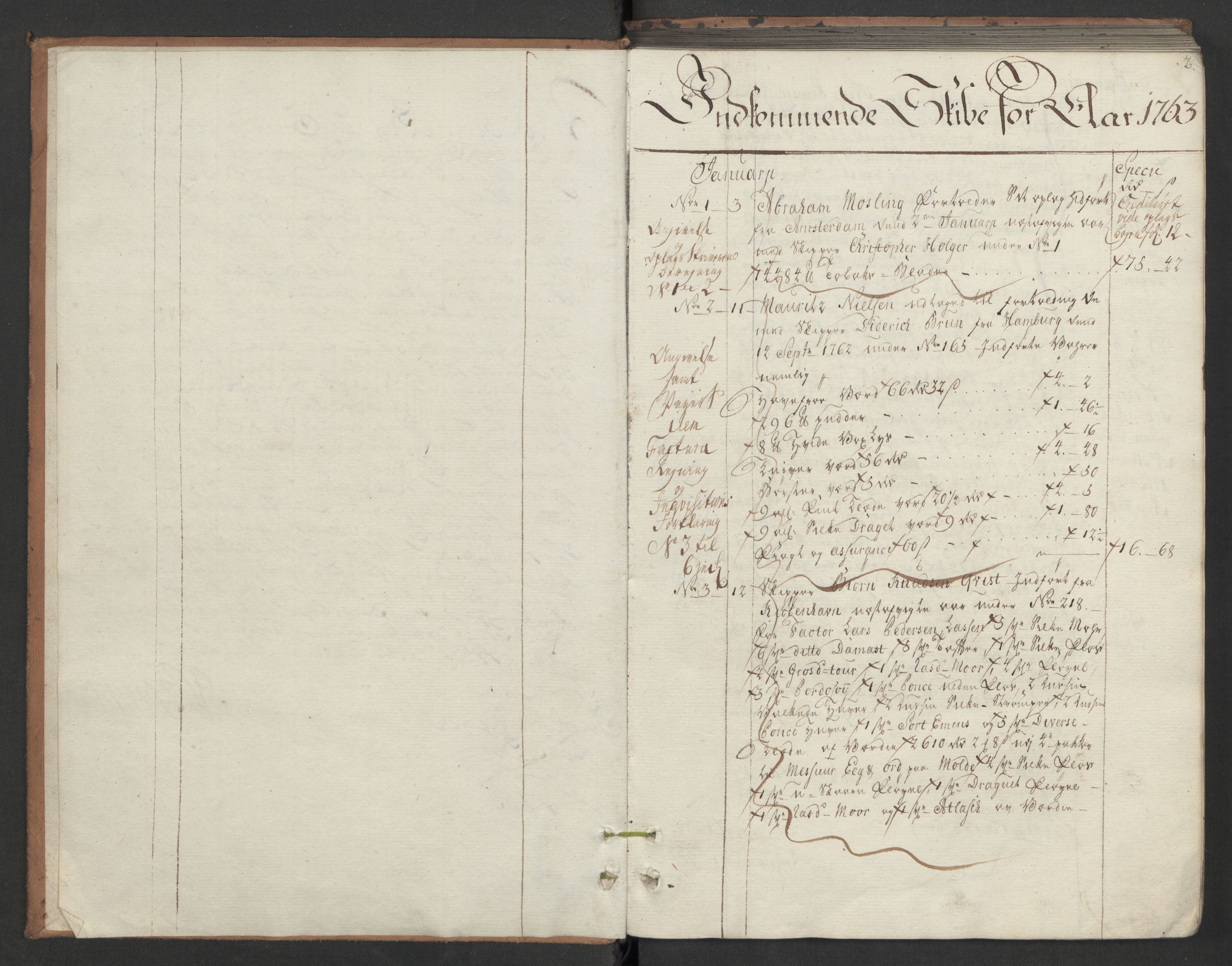 Generaltollkammeret, tollregnskaper, AV/RA-EA-5490/R33/L0078/0001: Tollregnskaper Trondheim A / Inngående hovedtollbok, 1763