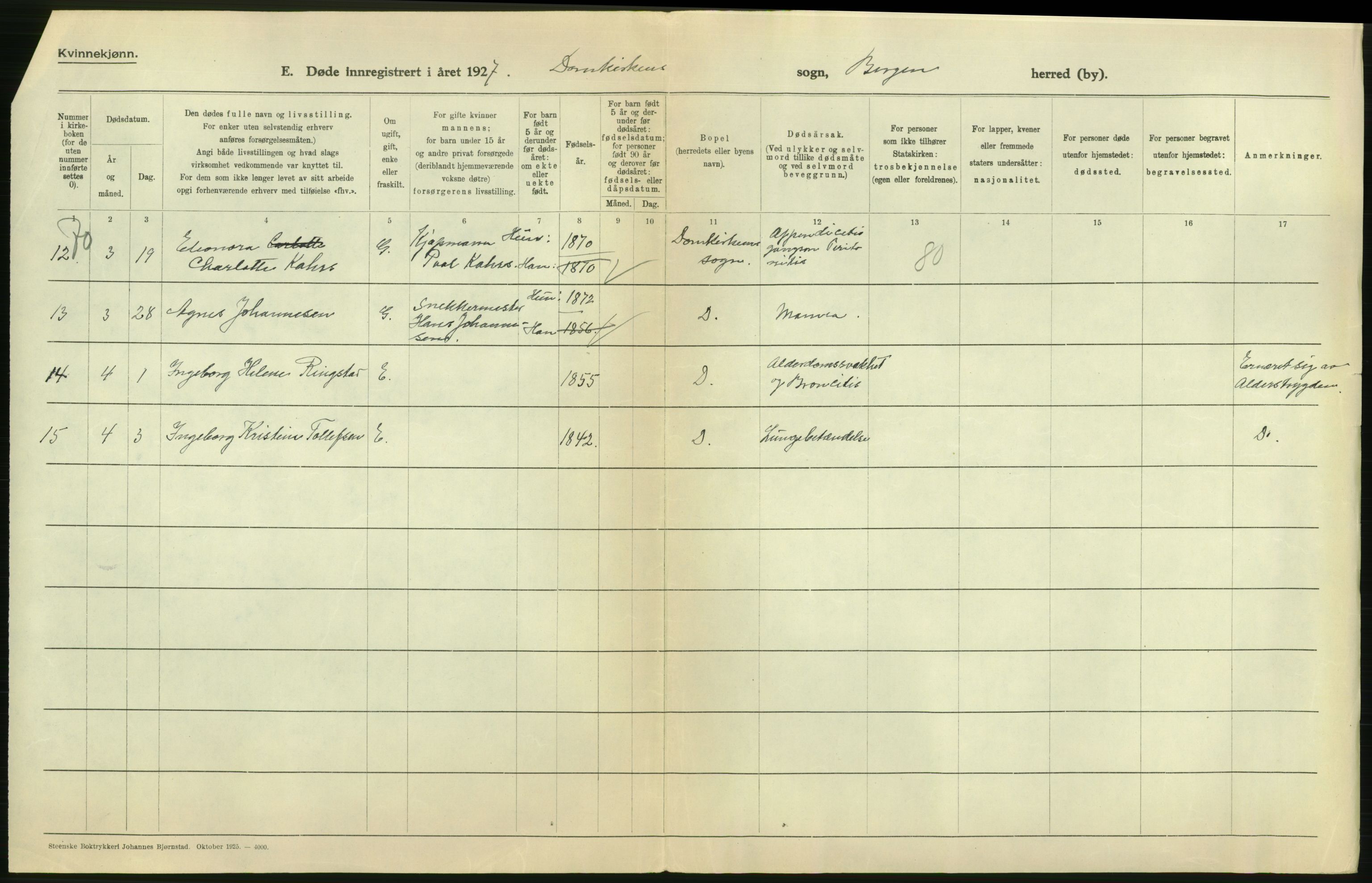 Statistisk sentralbyrå, Sosiodemografiske emner, Befolkning, AV/RA-S-2228/D/Df/Dfc/Dfcg/L0028: Bergen: Gifte, døde., 1927, s. 318