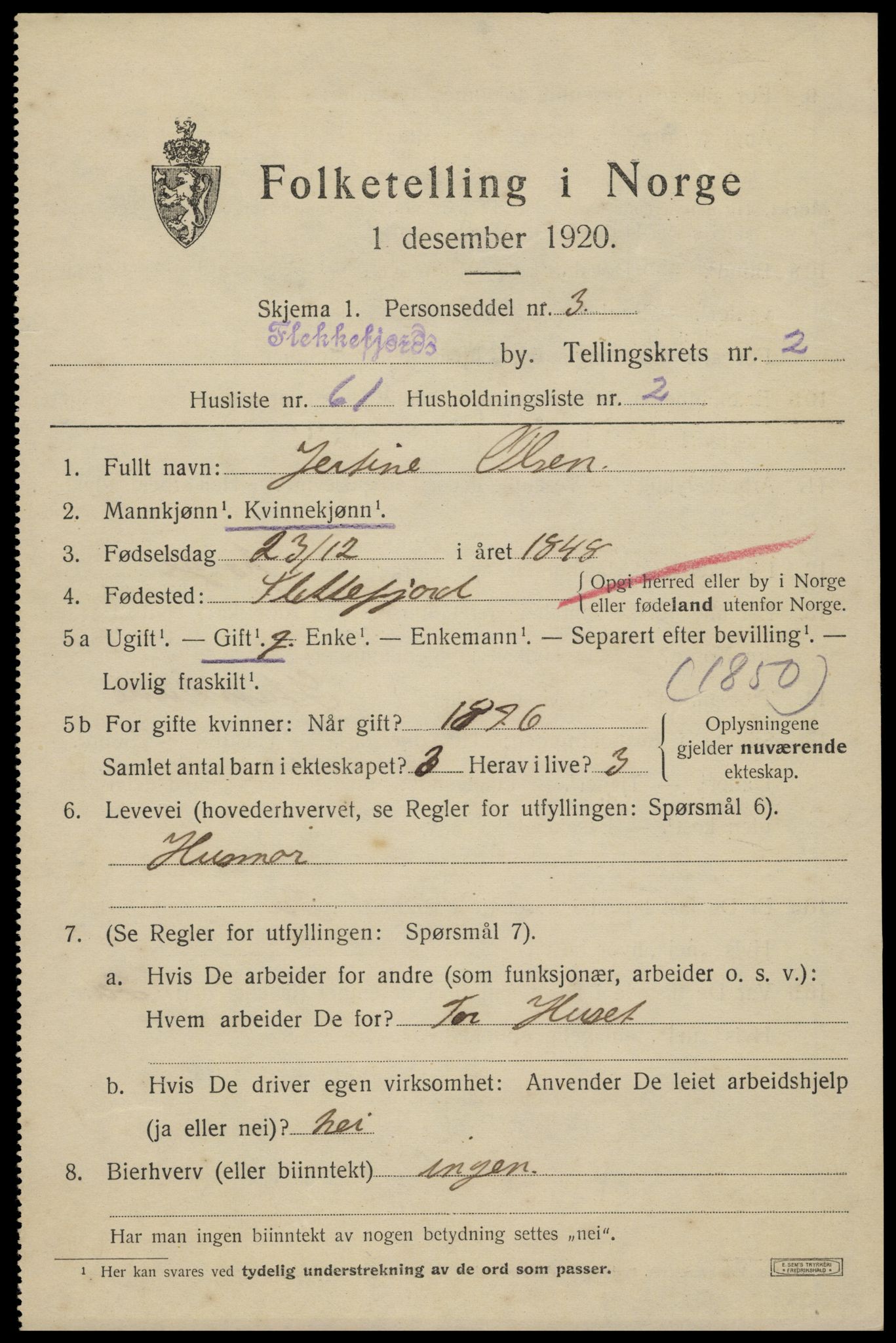 SAK, Folketelling 1920 for 1004 Flekkefjord kjøpstad, 1920, s. 3222