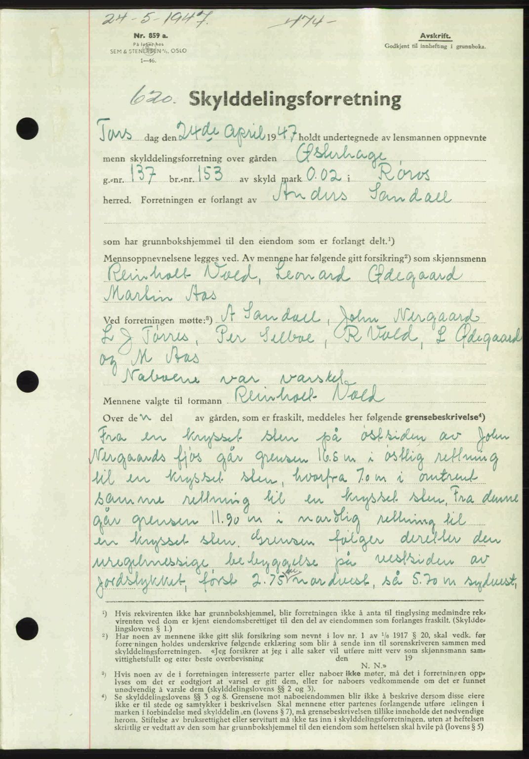 Gauldal sorenskriveri, SAT/A-0014/1/2/2C: Pantebok nr. A3, 1947-1947, Dagboknr: 620/1947