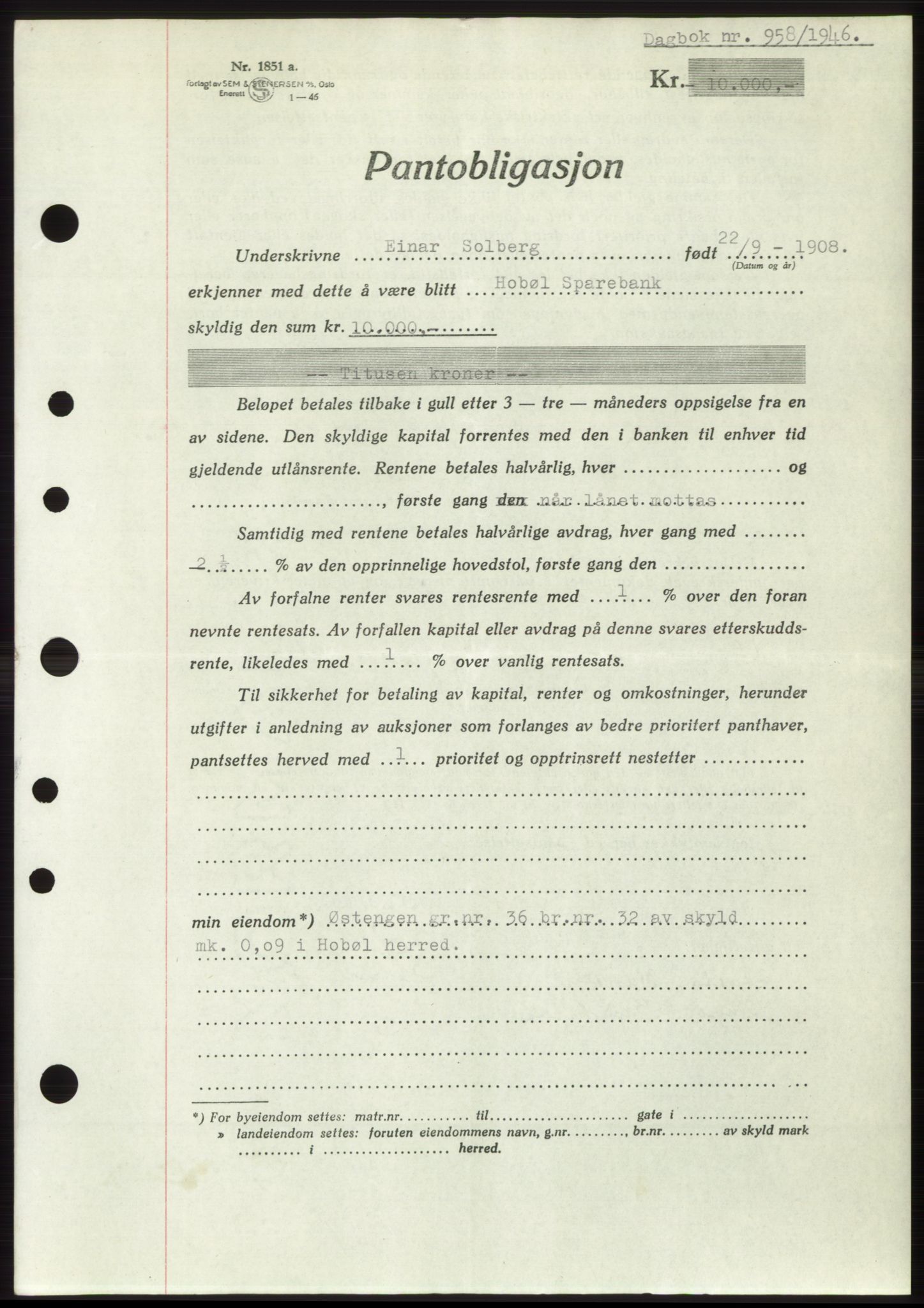 Moss sorenskriveri, SAO/A-10168: Pantebok nr. B15, 1946-1946, Dagboknr: 958/1946