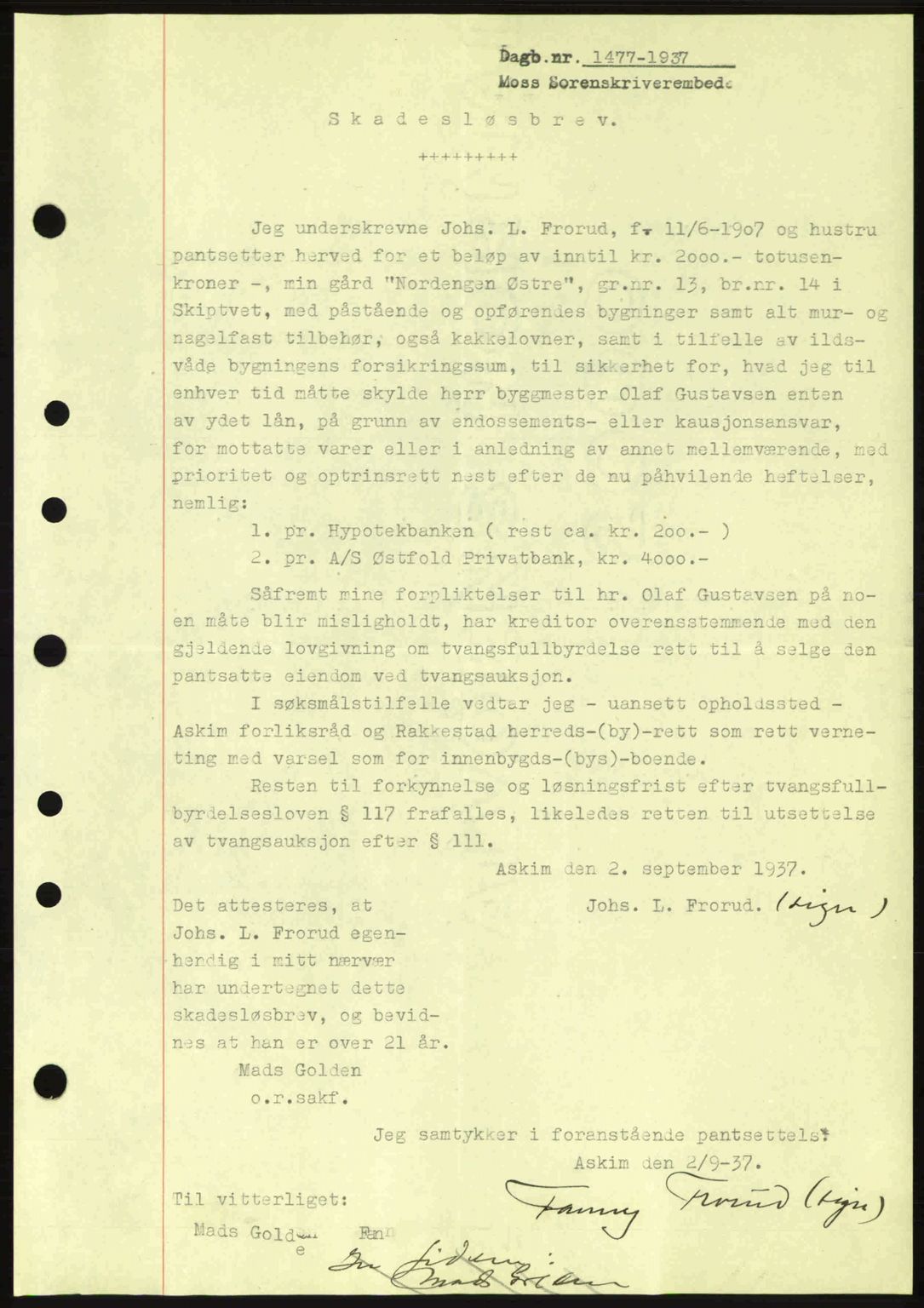Moss sorenskriveri, SAO/A-10168: Pantebok nr. B4, 1937-1938, Dagboknr: 1477/1937
