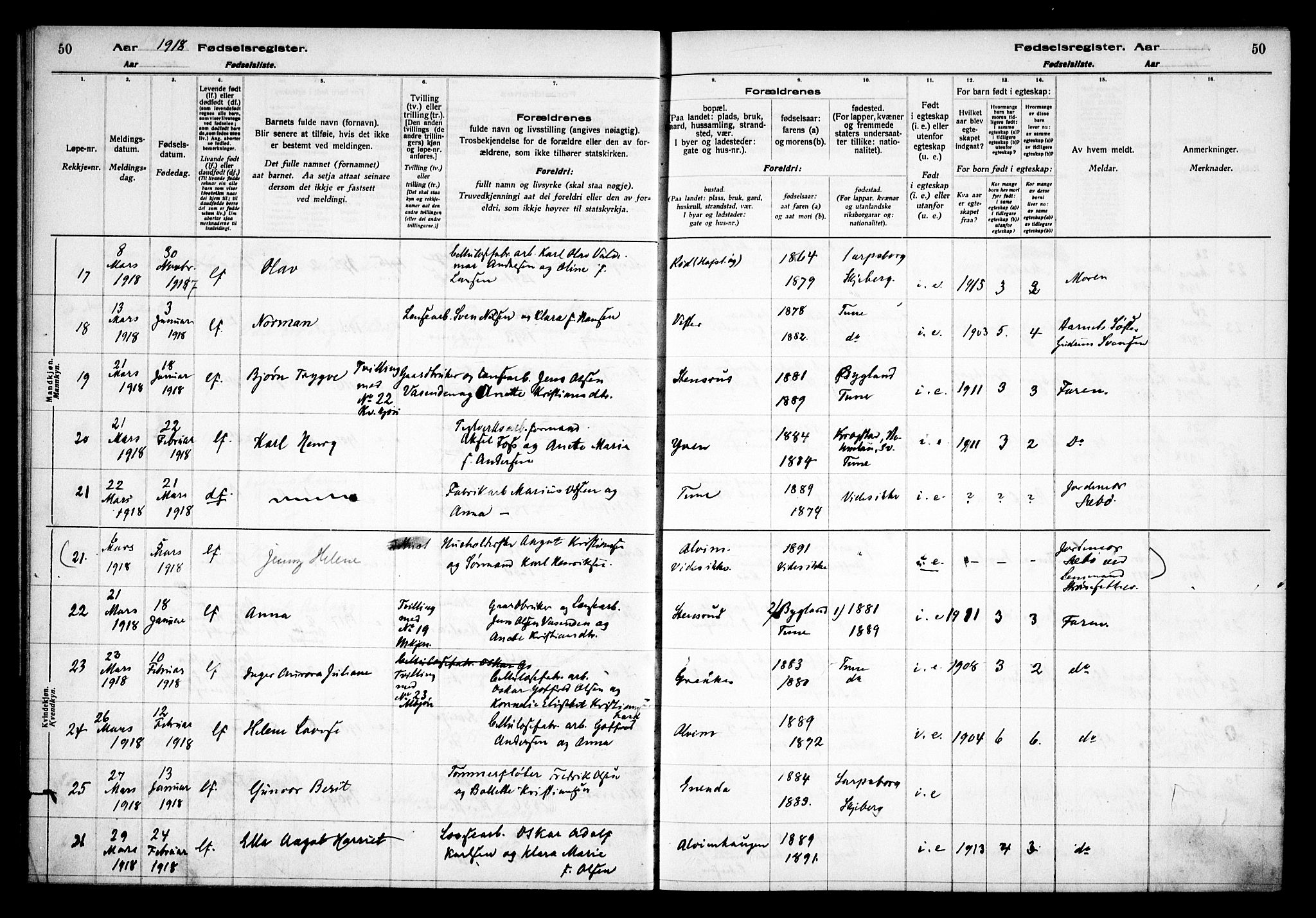 Tune prestekontor Kirkebøker, AV/SAO-A-2007/J/Ja/L0001: Fødselsregister nr. I 1, 1916-1928, s. 50