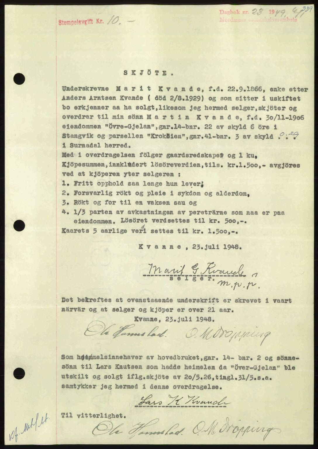 Nordmøre sorenskriveri, SAT/A-4132/1/2/2Ca: Pantebok nr. A110, 1948-1949, Dagboknr: 23/1949