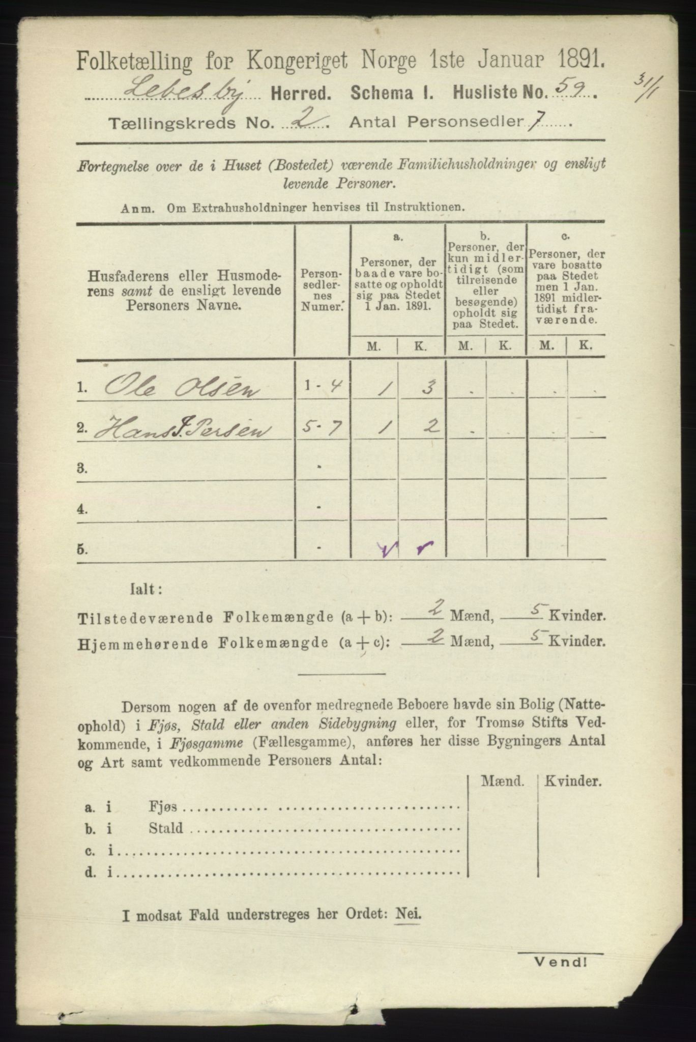 RA, Folketelling 1891 for 2022 Lebesby herred, 1891, s. 312