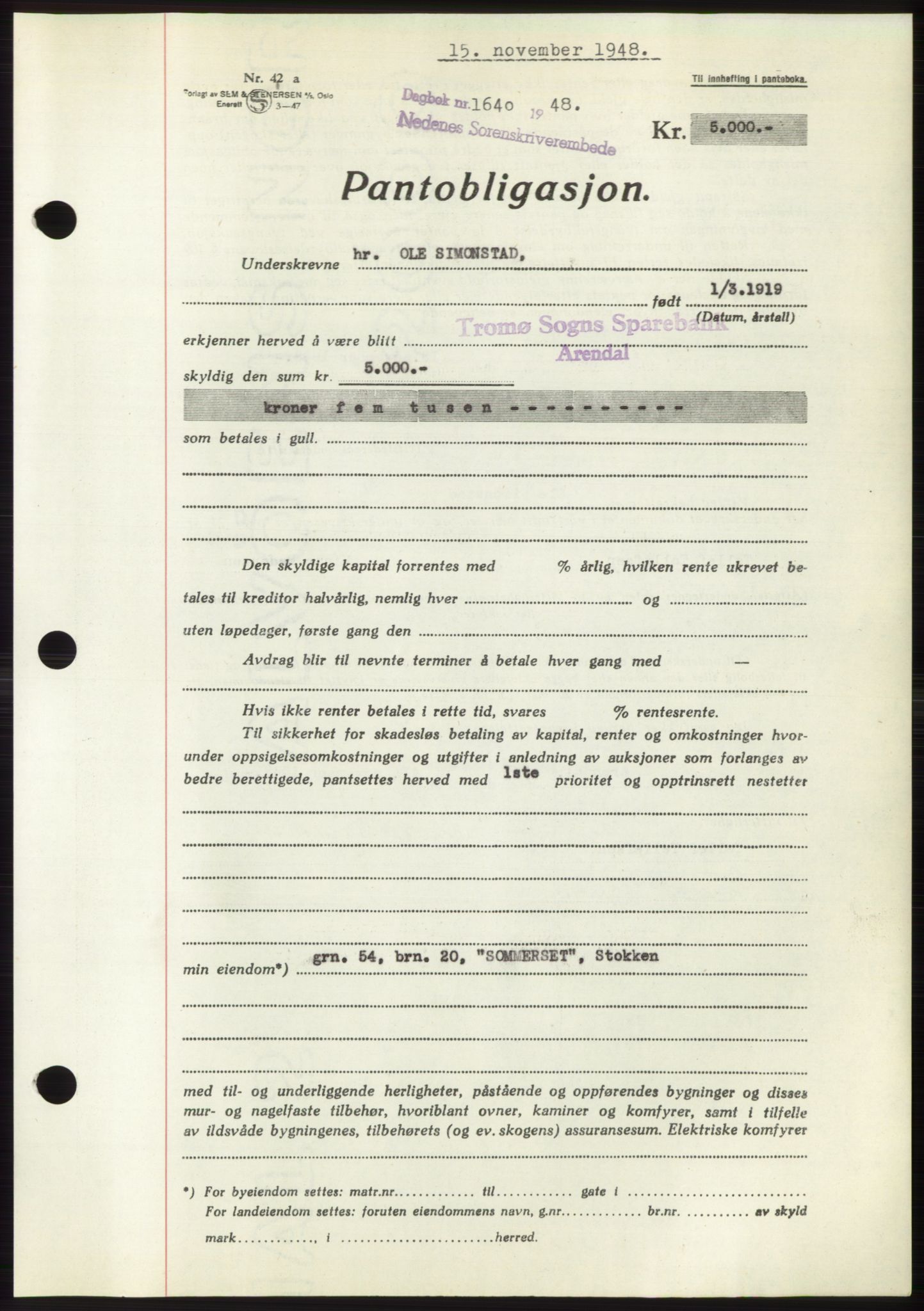 Nedenes sorenskriveri, AV/SAK-1221-0006/G/Gb/Gbb/L0005: Pantebok nr. B5, 1948-1948, Dagboknr: 1640/1948