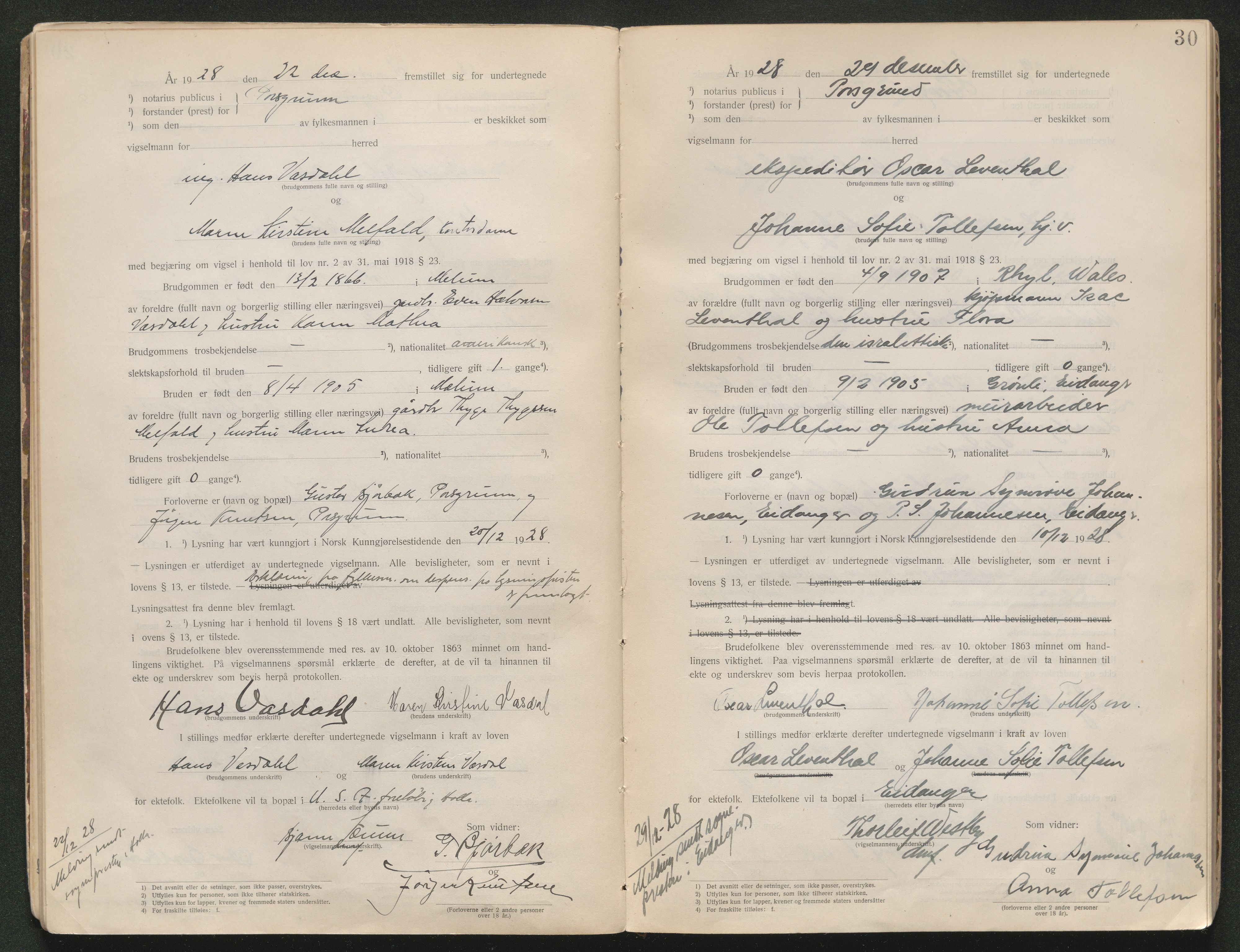 Gjerpen sorenskriveri, SAKO/A-216/L/Lb/L0001: Vigselsprotokoll, 1920-1948, s. 30