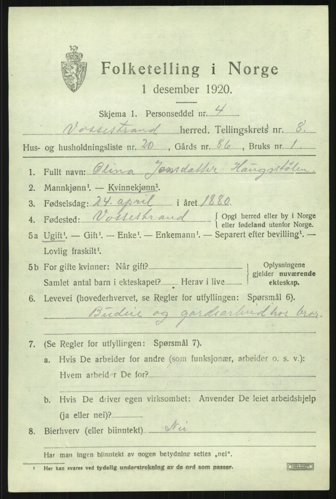 SAB, Folketelling 1920 for 1236 Vossestrand herred, 1920, s. 3896