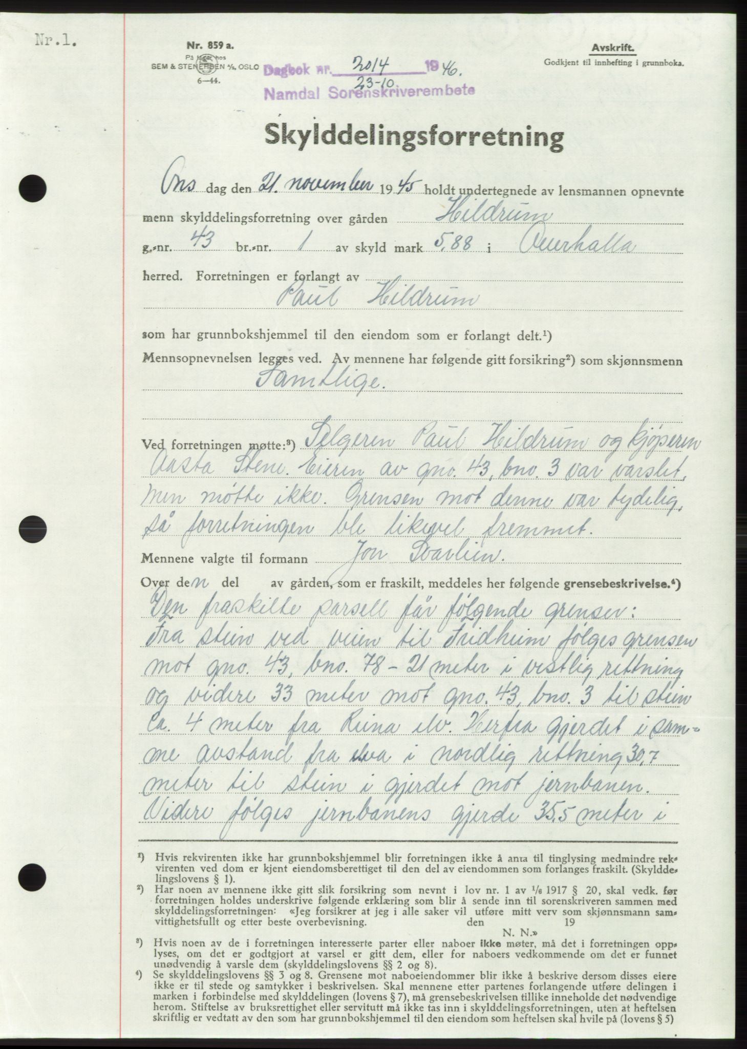 Namdal sorenskriveri, SAT/A-4133/1/2/2C: Pantebok nr. -, 1946-1947, Dagboknr: 2014/1946