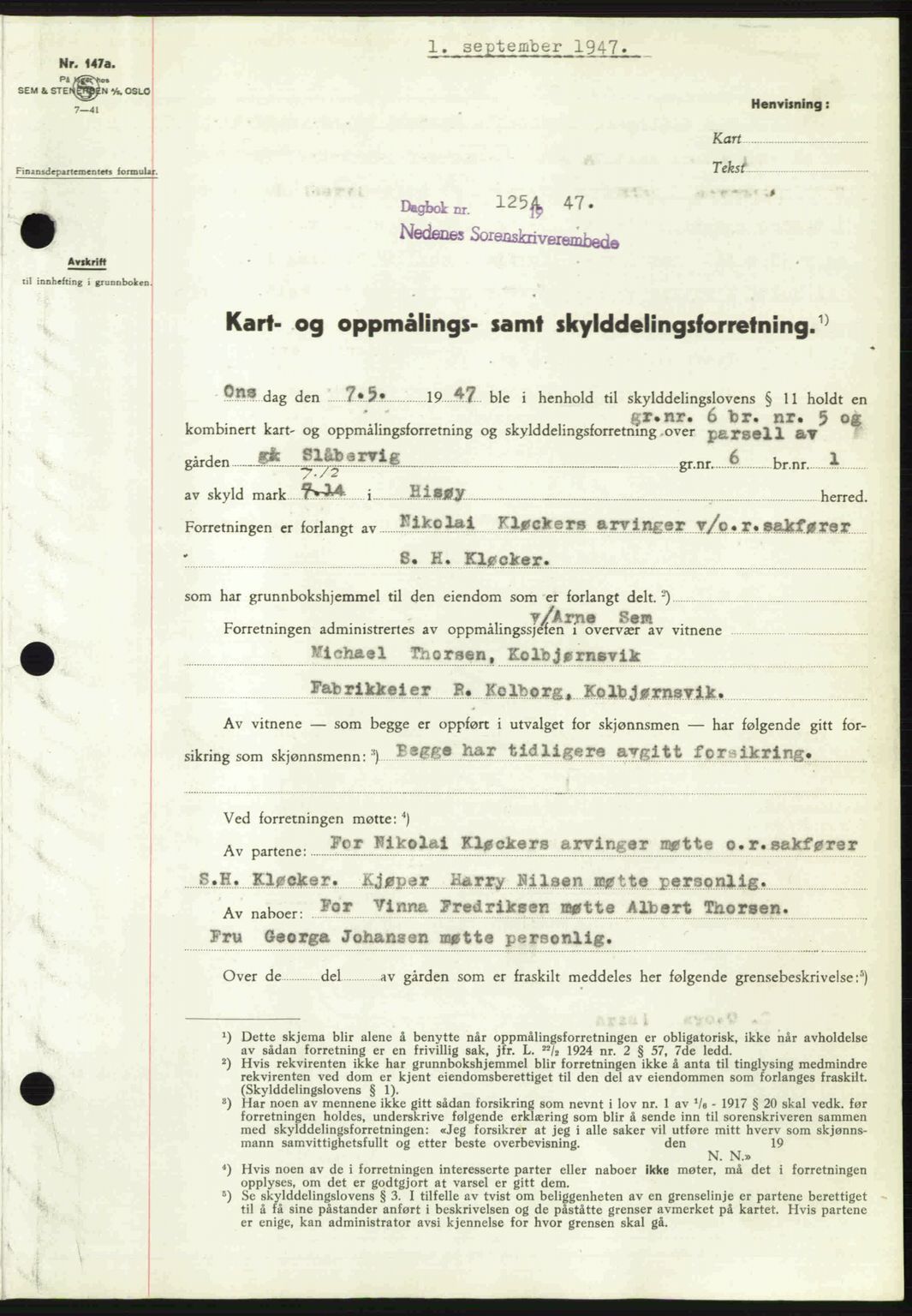 Nedenes sorenskriveri, SAK/1221-0006/G/Gb/Gba/L0058: Pantebok nr. A10, 1947-1948, Dagboknr: 1254/1947