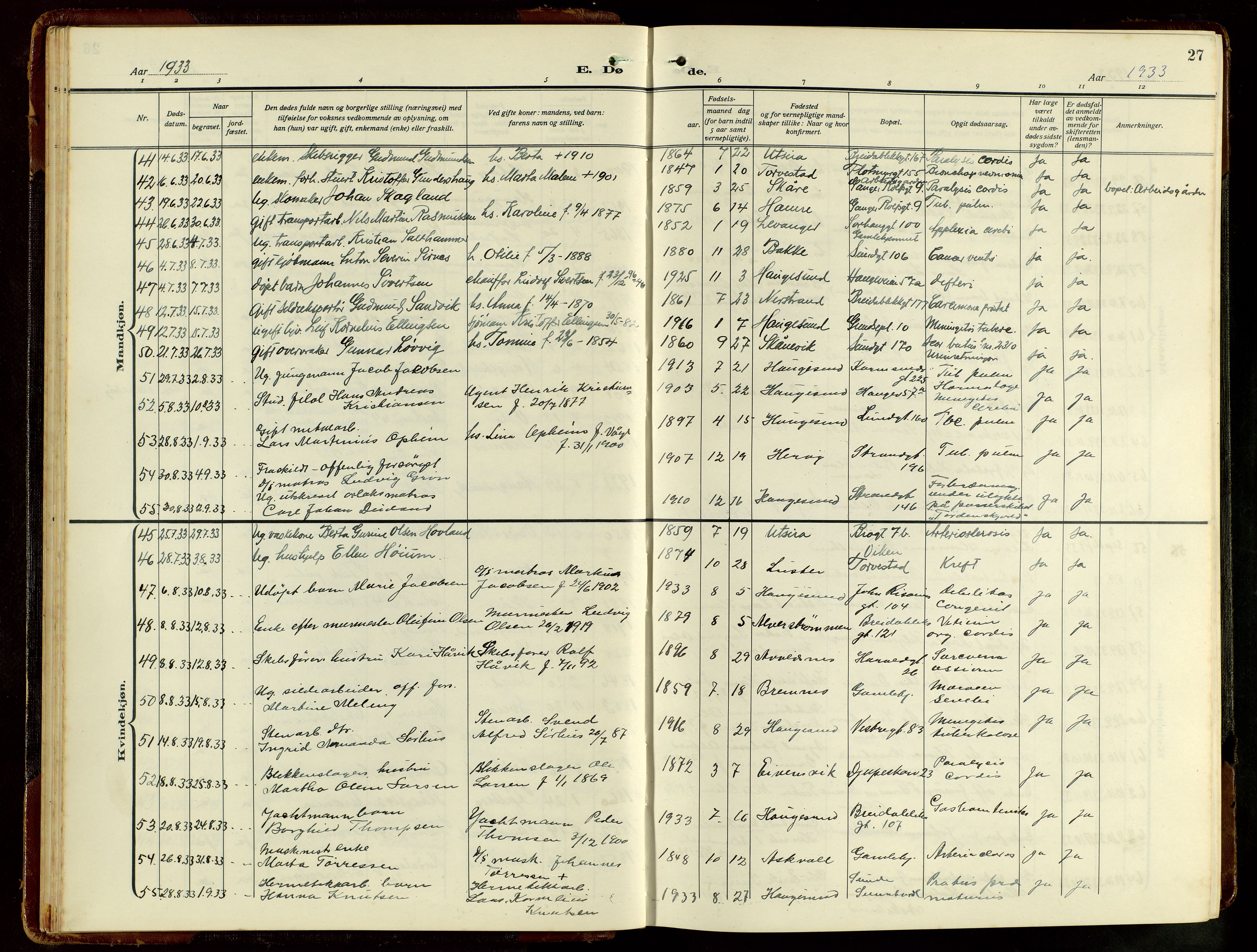 Haugesund sokneprestkontor, AV/SAST-A -101863/H/Ha/Hab/L0012: Klokkerbok nr. B 12, 1930-1958, s. 27