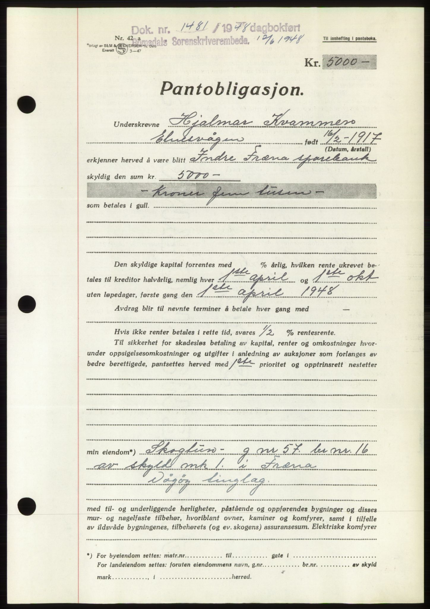 Romsdal sorenskriveri, SAT/A-4149/1/2/2C: Pantebok nr. B4, 1948-1949, Dagboknr: 1481/1948
