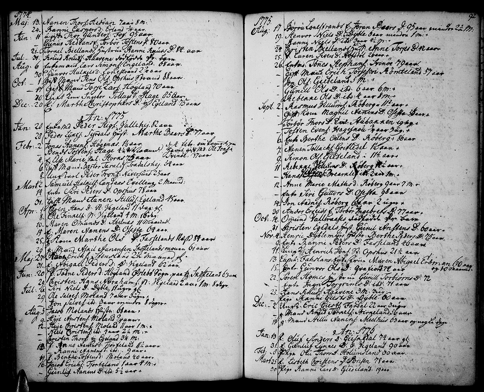 Sør-Audnedal sokneprestkontor, AV/SAK-1111-0039/F/Fa/Fab/L0002: Ministerialbok nr. A 2 /1, 1766-1815, s. 92