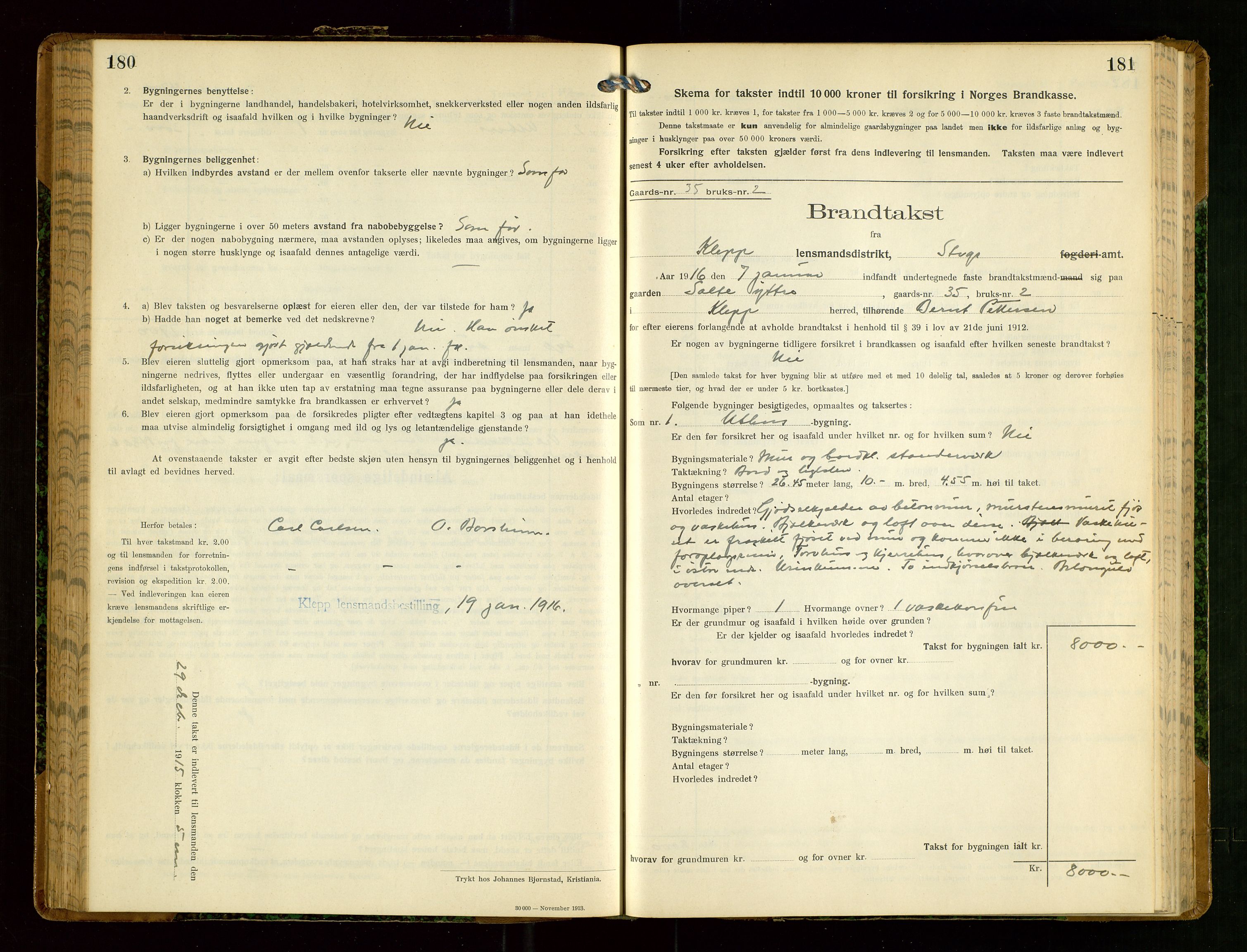 Klepp lensmannskontor, SAST/A-100163/Goc/L0008: "Brandtakstprotokol" m/register, 1914-1917, s. 180-181