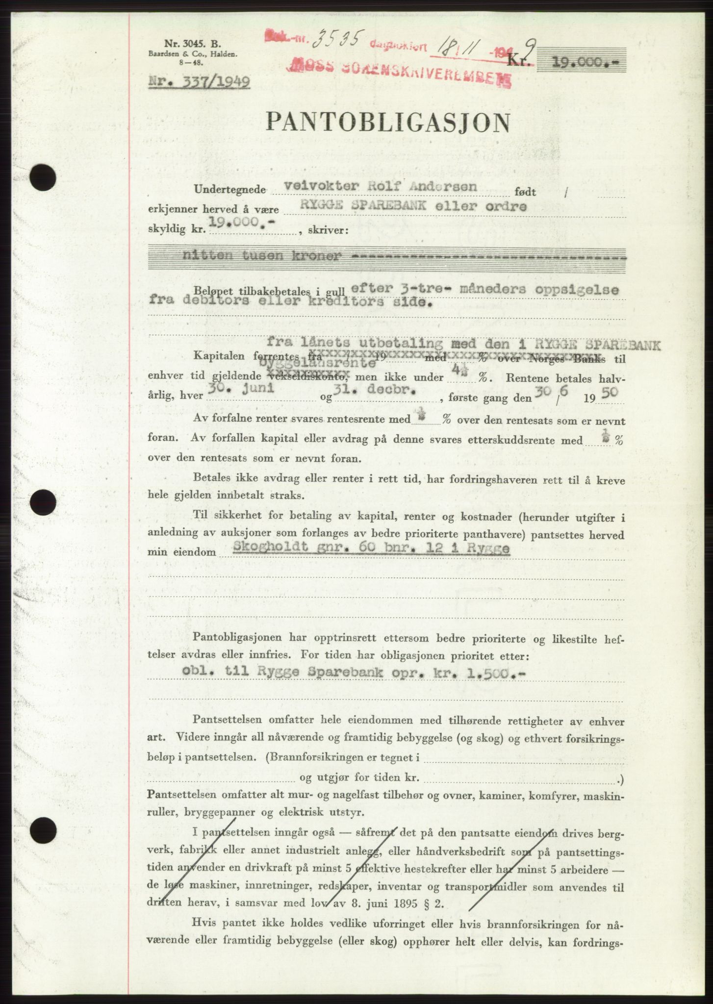 Moss sorenskriveri, SAO/A-10168: Pantebok nr. B23, 1949-1950, Dagboknr: 3535/1949