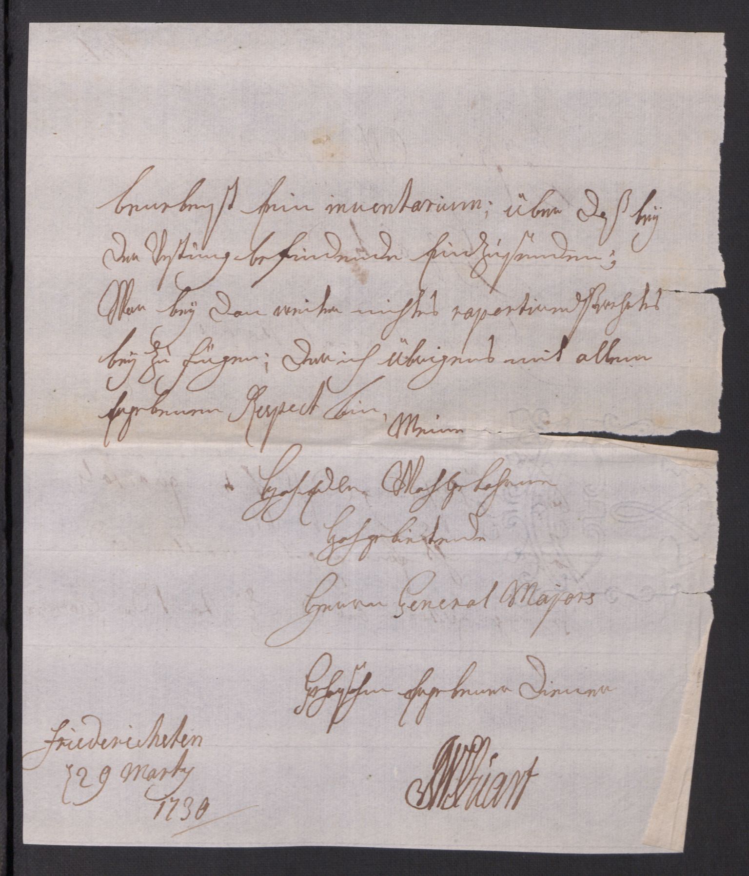 Kommanderende general (KG I) med Det norske krigsdirektorium, AV/RA-EA-5419/D/L0154: Fredriksten festning: Brev, inventarfortegnelser og regnskapsekstrakter, 1730-1739, s. 3