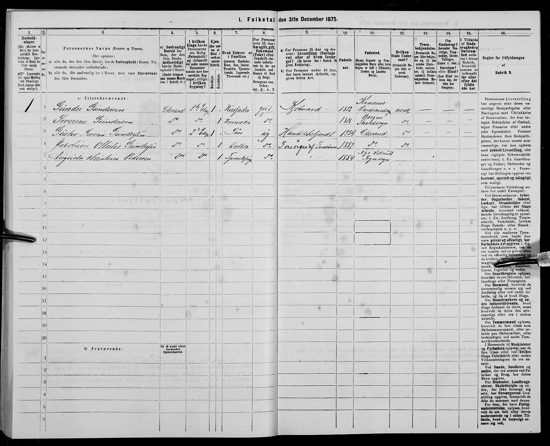 SAK, Folketelling 1875 for 1001P Kristiansand prestegjeld, 1875, s. 289