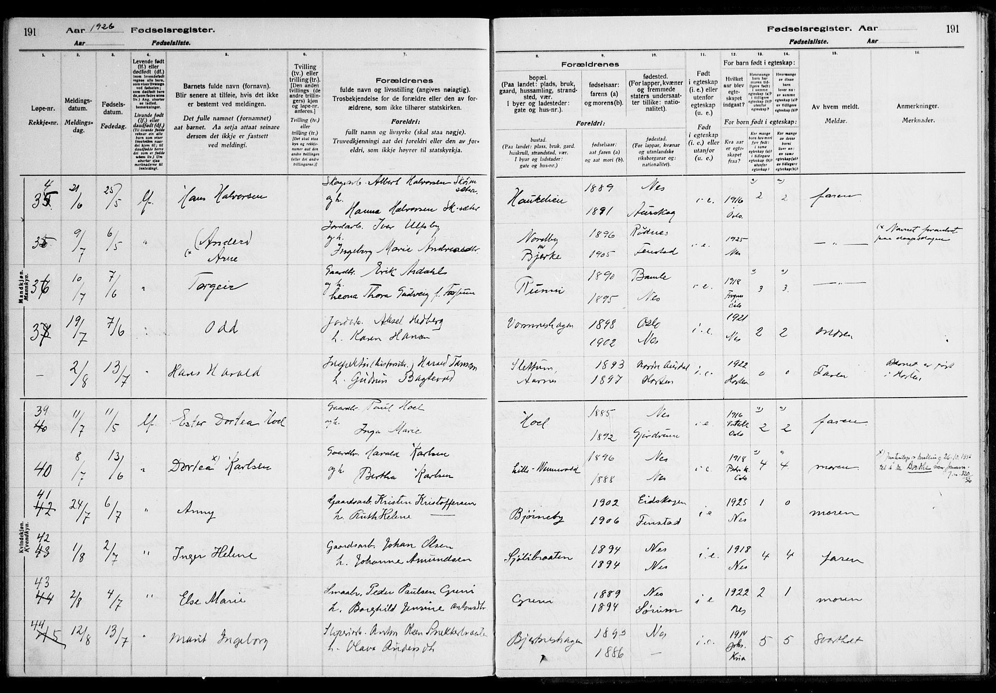 Nes prestekontor Kirkebøker, AV/SAO-A-10410/J/Ja/L0001: Fødselsregister nr. 1, 1916-1926, s. 191