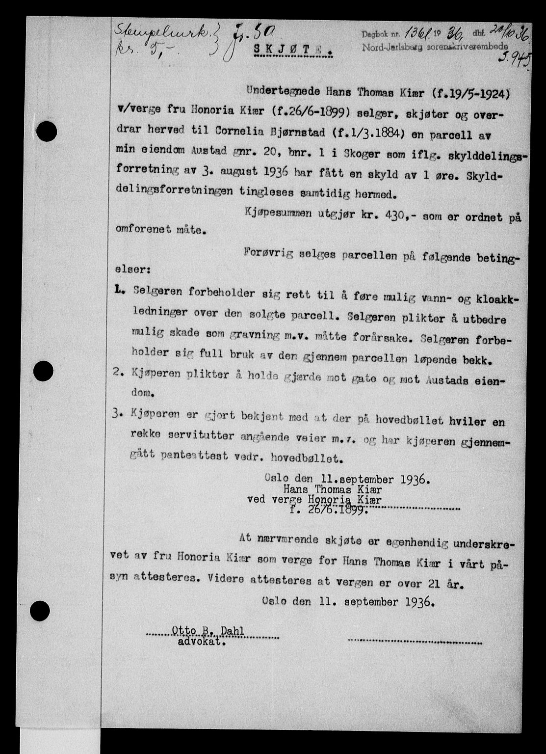 Holmestrand sorenskriveri, SAKO/A-67/G/Ga/Gaa/L0047: Pantebok nr. A-47, 1936-1936, Dagboknr: 1361/1936