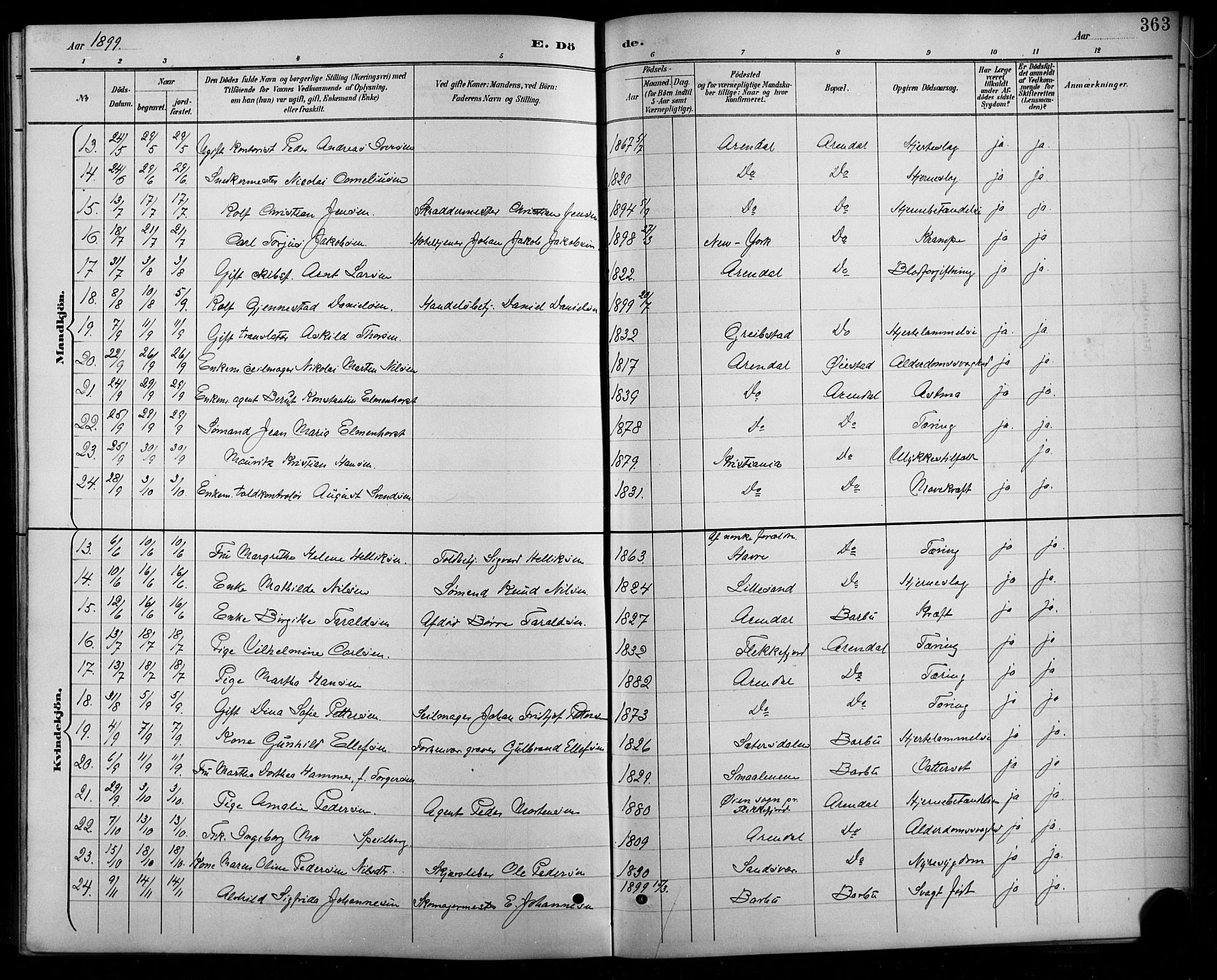 Arendal sokneprestkontor, Trefoldighet, AV/SAK-1111-0040/F/Fb/L0006: Klokkerbok nr. B 6, 1889-1916, s. 363
