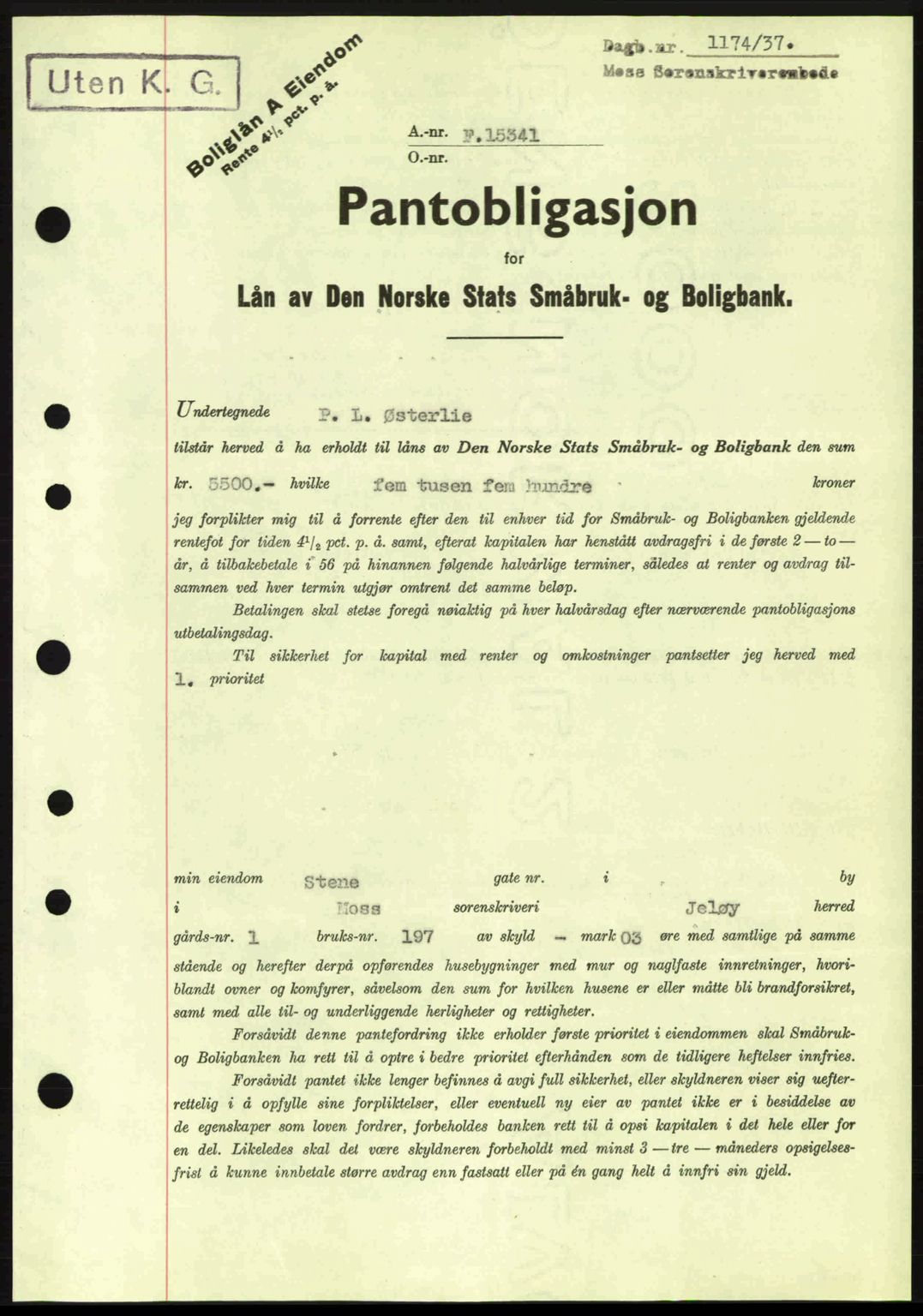 Moss sorenskriveri, SAO/A-10168: Pantebok nr. B3, 1937-1937, Dagboknr: 1174/1937