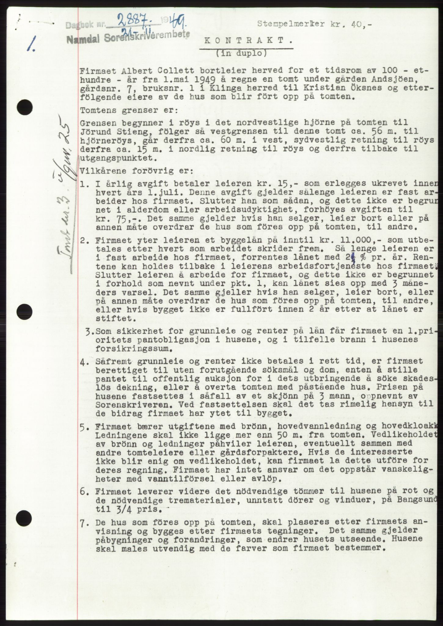 Namdal sorenskriveri, SAT/A-4133/1/2/2C: Pantebok nr. -, 1949-1949, Dagboknr: 2887/1949