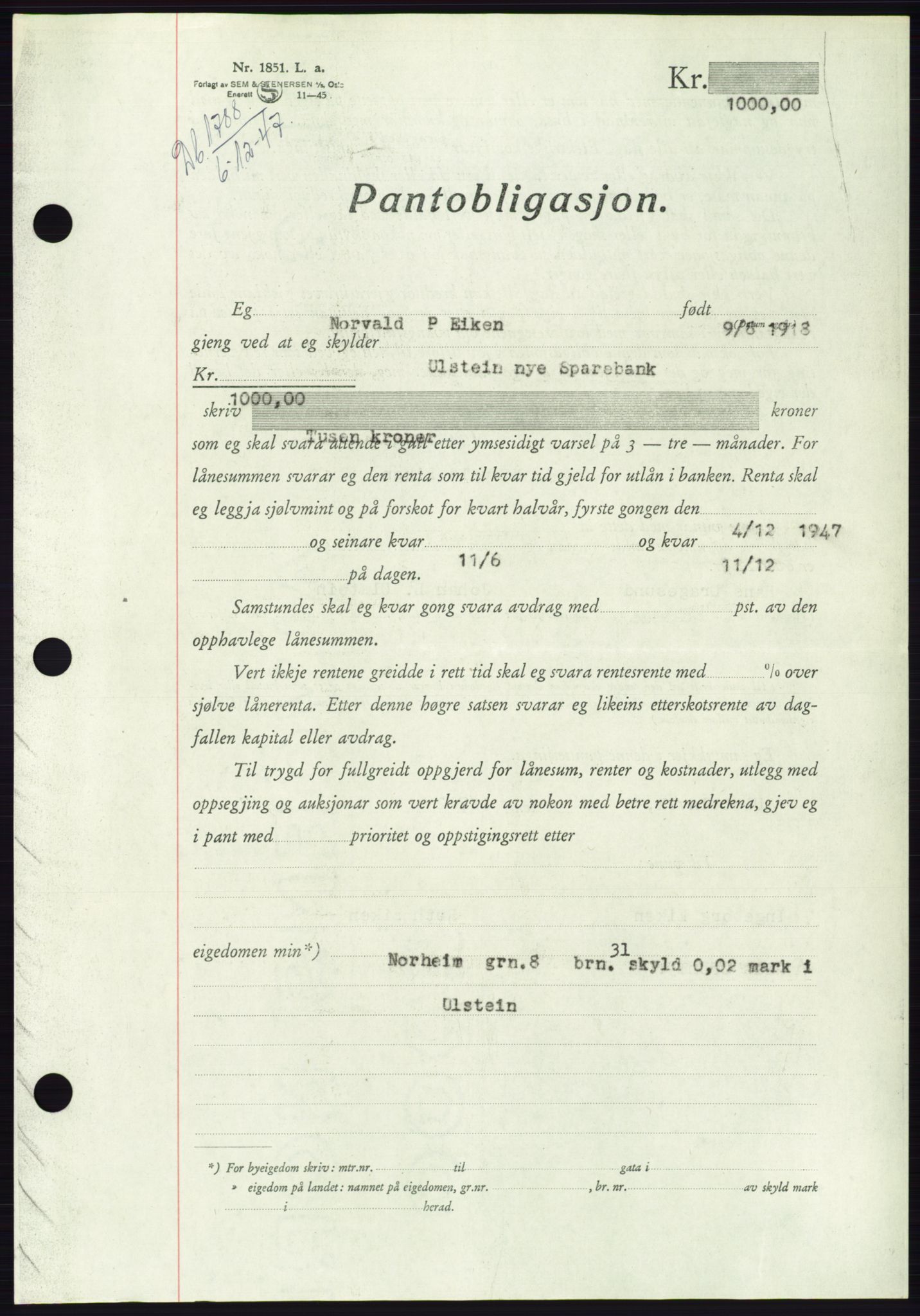 Søre Sunnmøre sorenskriveri, AV/SAT-A-4122/1/2/2C/L0115: Pantebok nr. 3B, 1947-1948, Dagboknr: 1788/1947