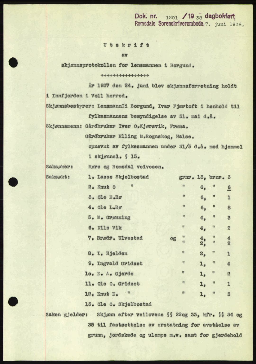 Romsdal sorenskriveri, SAT/A-4149/1/2/2C: Pantebok nr. A5, 1938-1938, Dagboknr: 1201/1938