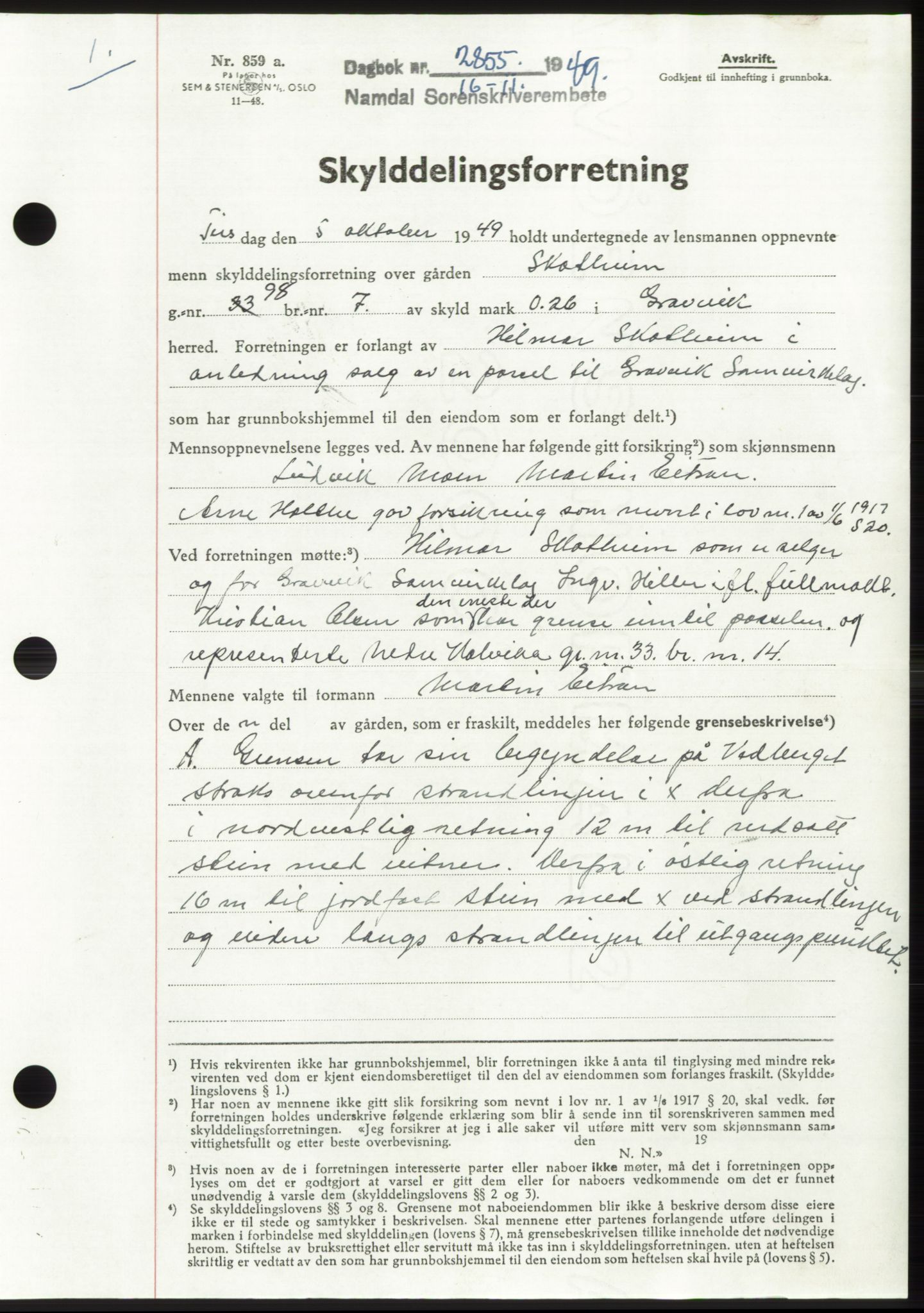 Namdal sorenskriveri, SAT/A-4133/1/2/2C: Pantebok nr. -, 1949-1949, Dagboknr: 2855/1949