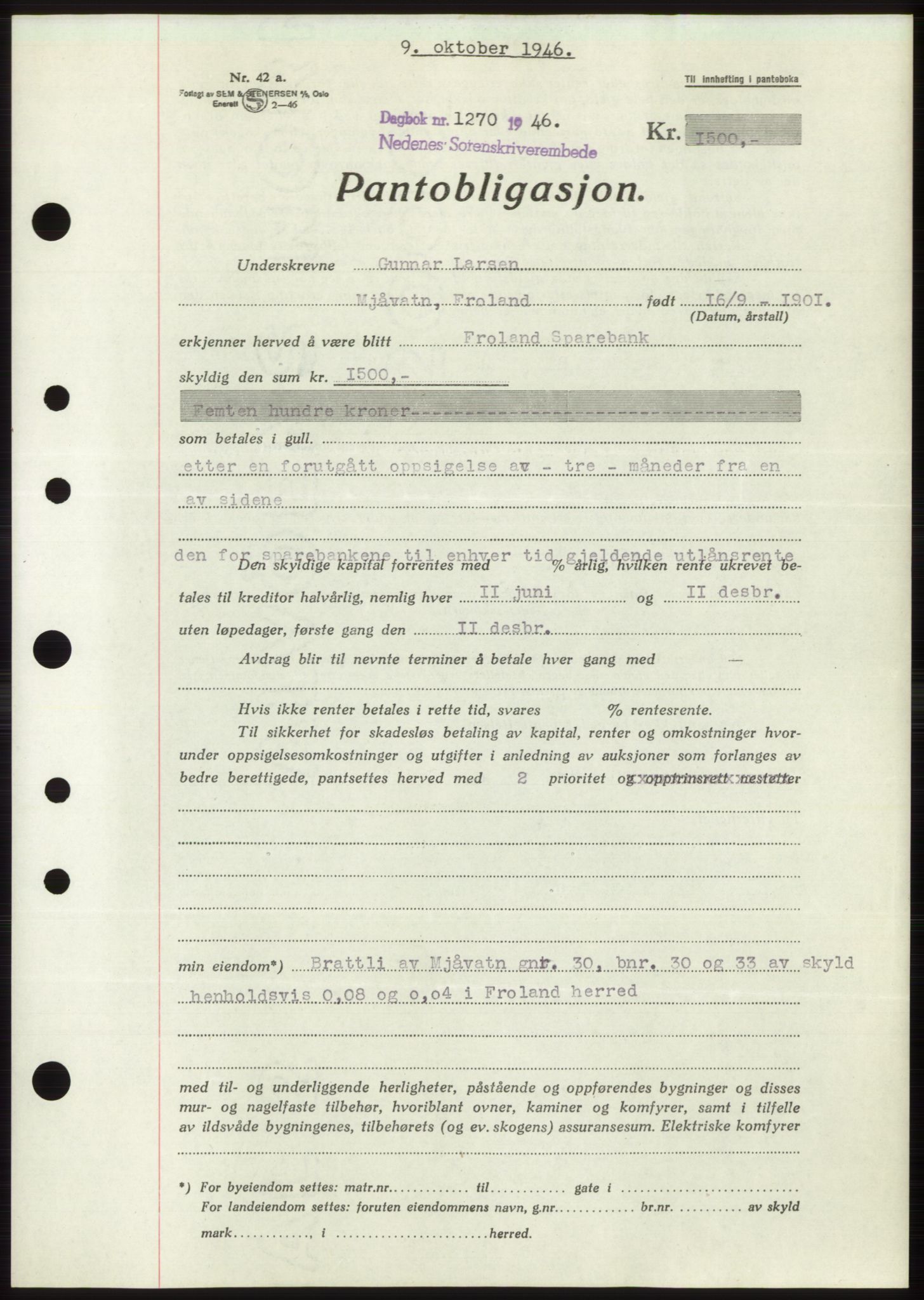 Nedenes sorenskriveri, SAK/1221-0006/G/Gb/Gbb/L0003: Pantebok nr. B3b, 1946-1946, Dagboknr: 1270/1946