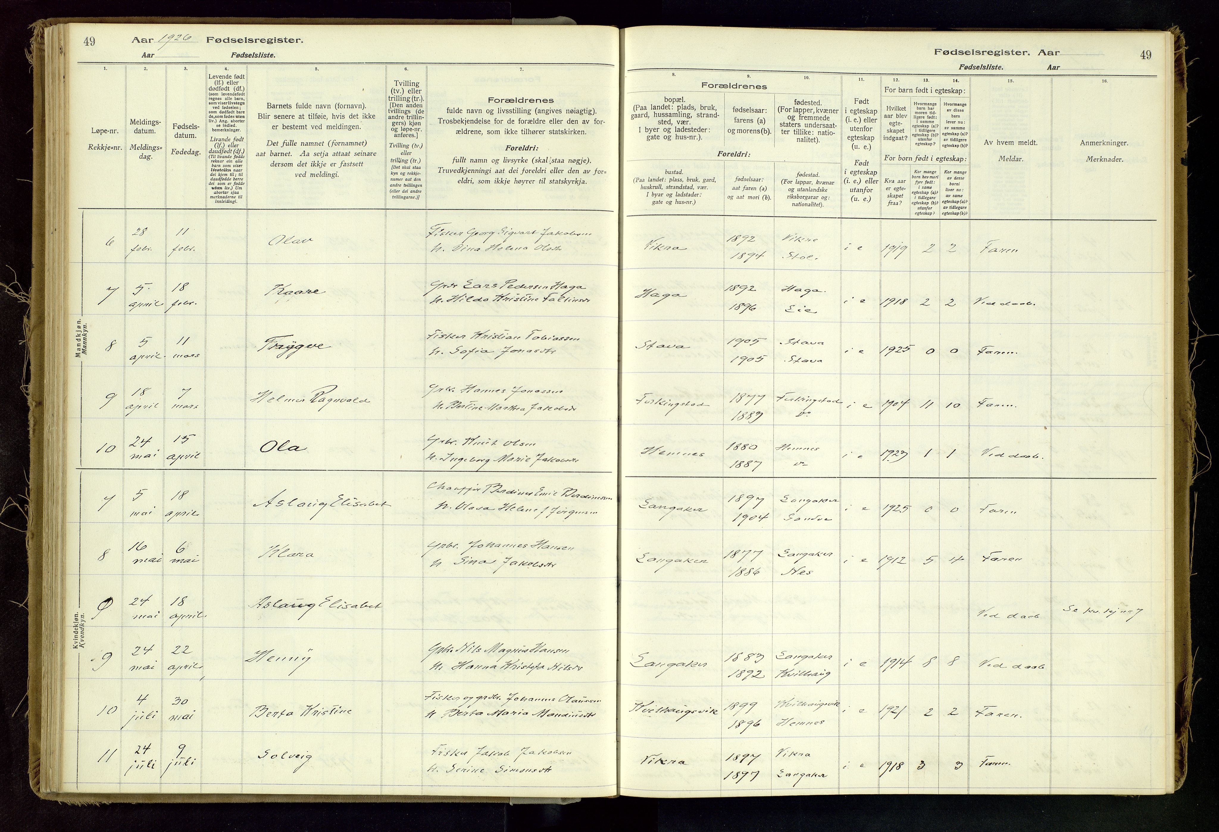 Skudenes sokneprestkontor, SAST/A -101849/I/Id/L0002: Fødselsregister nr. 2, 1916-1962, s. 49