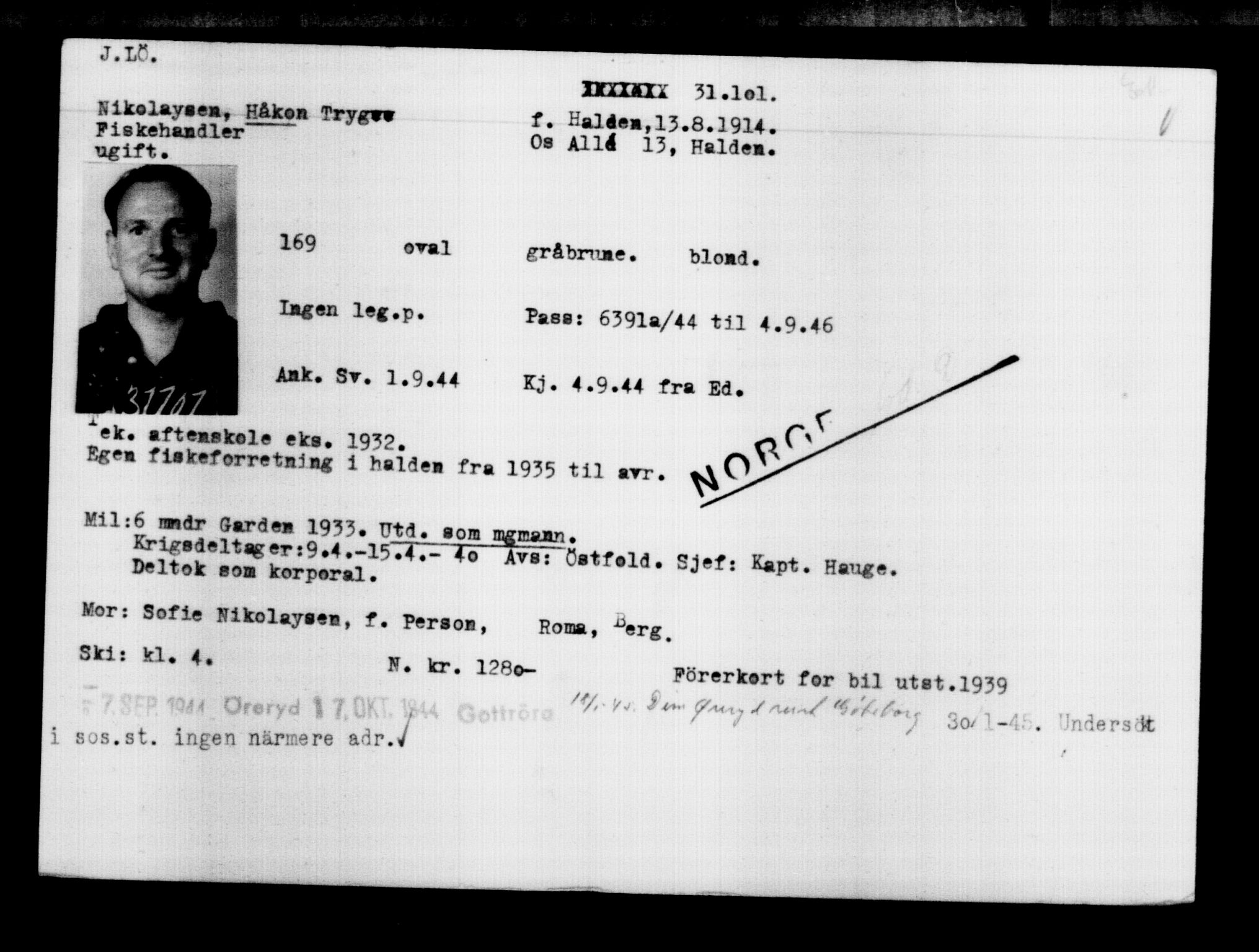 Den Kgl. Norske Legasjons Flyktningskontor, RA/S-6753/V/Va/L0012: Kjesäterkartoteket.  Flyktningenr. 28300-31566, 1940-1945, s. 3035