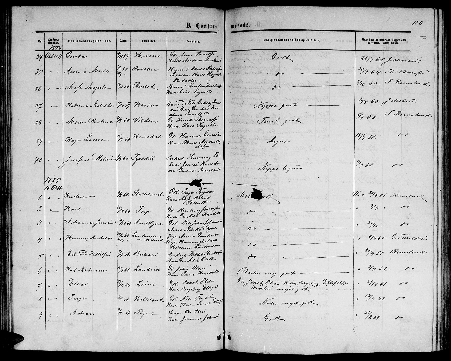 Hommedal sokneprestkontor, AV/SAK-1111-0023/F/Fb/Fbb/L0006: Klokkerbok nr. B 6, 1869-1884, s. 100