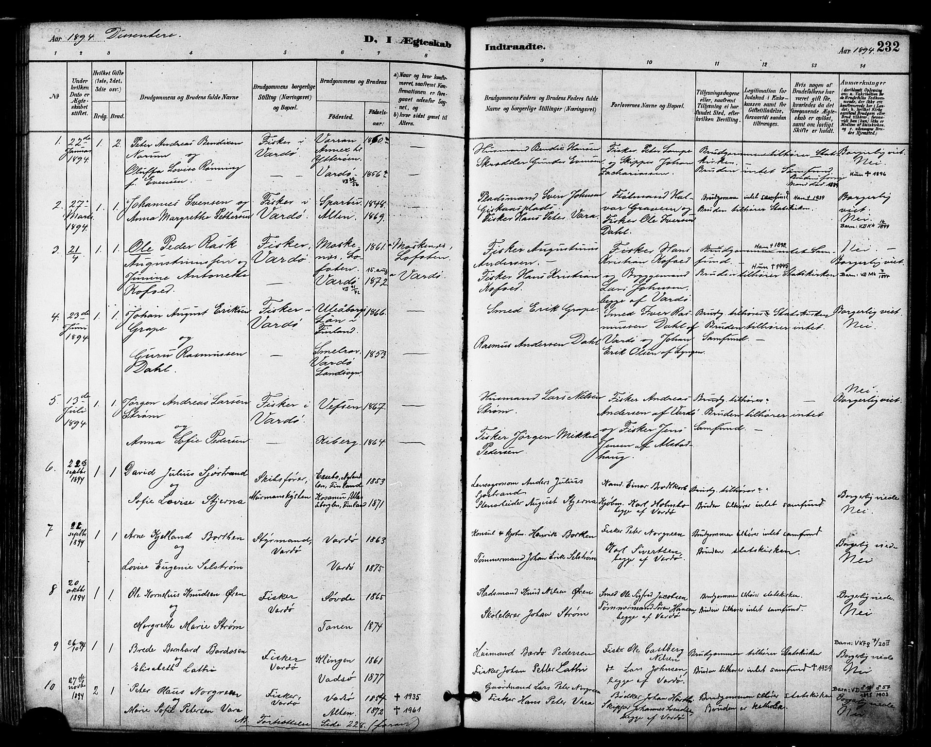 Vardø sokneprestkontor, AV/SATØ-S-1332/H/Ha/L0007kirke: Ministerialbok nr. 7, 1886-1897, s. 232