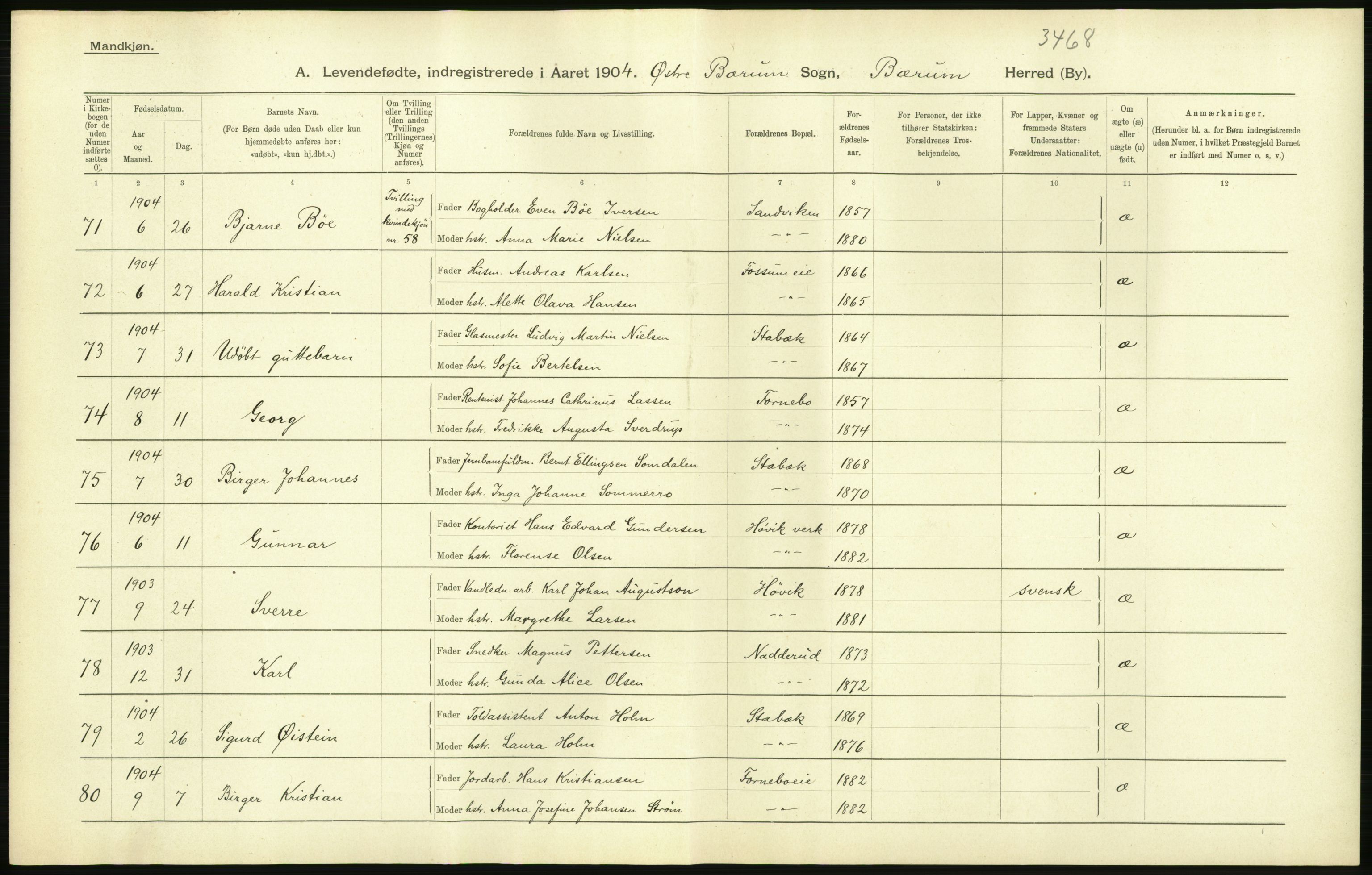 Statistisk sentralbyrå, Sosiodemografiske emner, Befolkning, RA/S-2228/D/Df/Dfa/Dfab/L0002: Akershus amt: Fødte, gifte, døde, 1904, s. 26