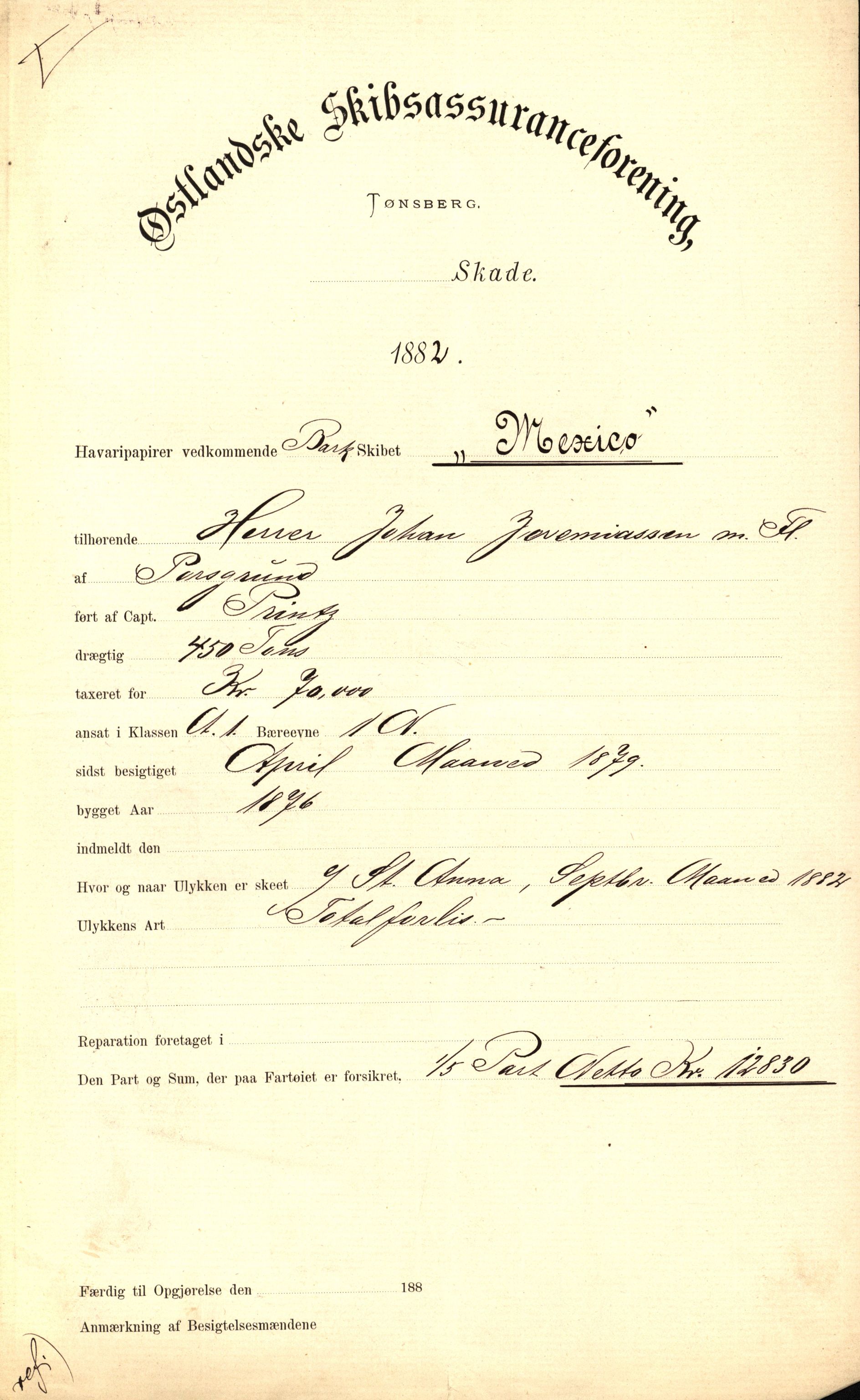 Pa 63 - Østlandske skibsassuranceforening, VEMU/A-1079/G/Ga/L0015/0004: Havaridokumenter / Minerva, Kong Carl, John Bertram, Eliezer, 1882, s. 56