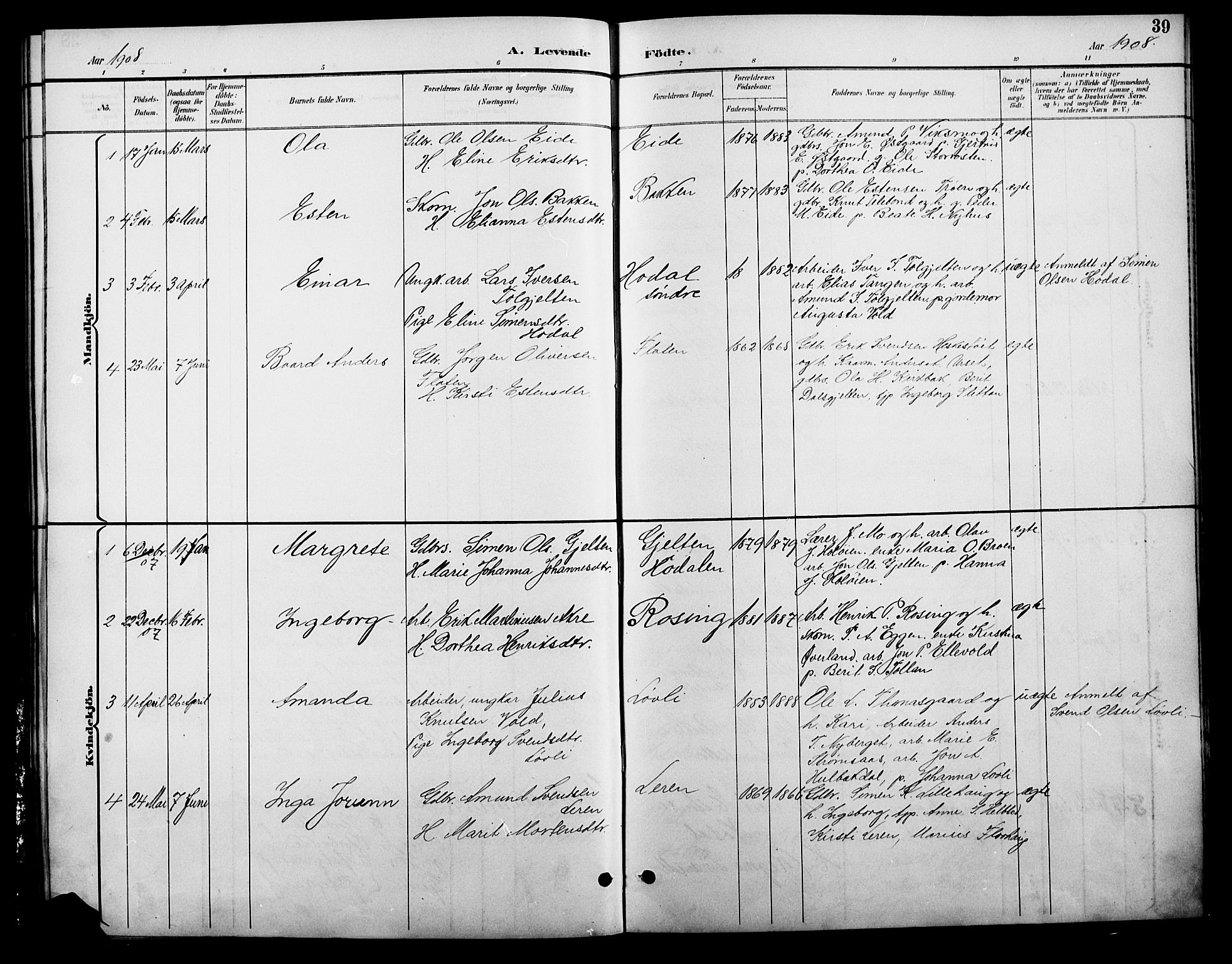 Tolga prestekontor, AV/SAH-PREST-062/L/L0009: Klokkerbok nr. 9, 1892-1919, s. 39