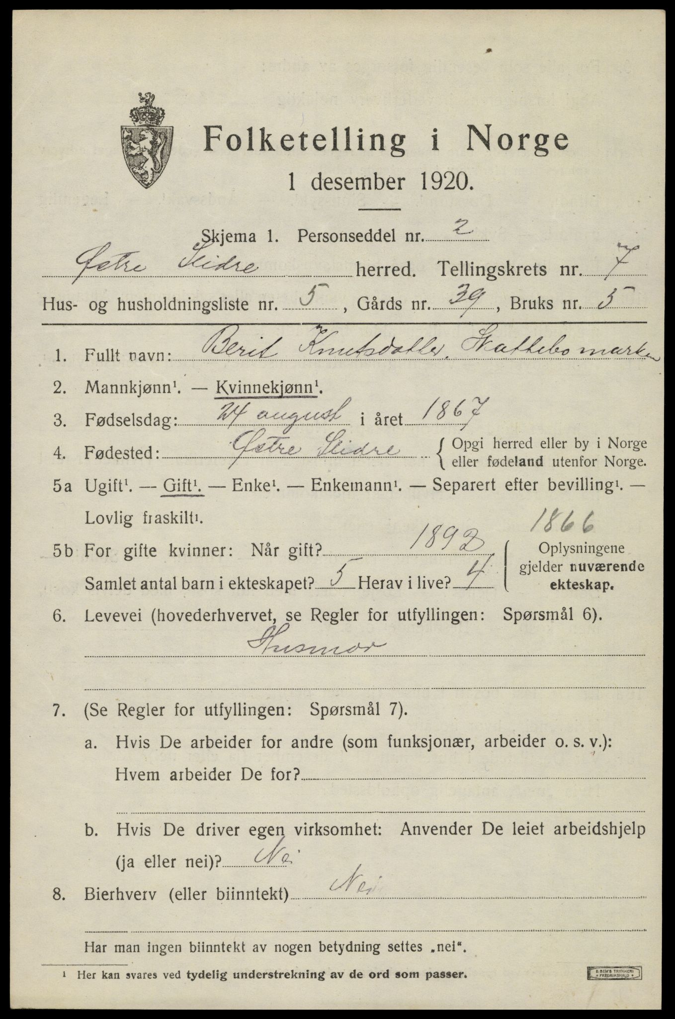 SAH, Folketelling 1920 for 0544 Øystre Slidre herred, 1920, s. 4053