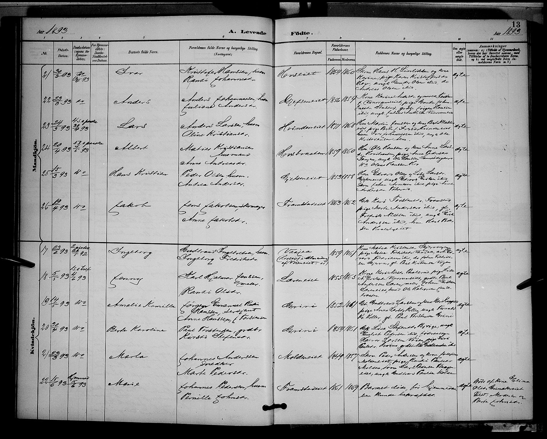 Gran prestekontor, AV/SAH-PREST-112/H/Ha/Hab/L0005: Klokkerbok nr. 5, 1892-1900, s. 13